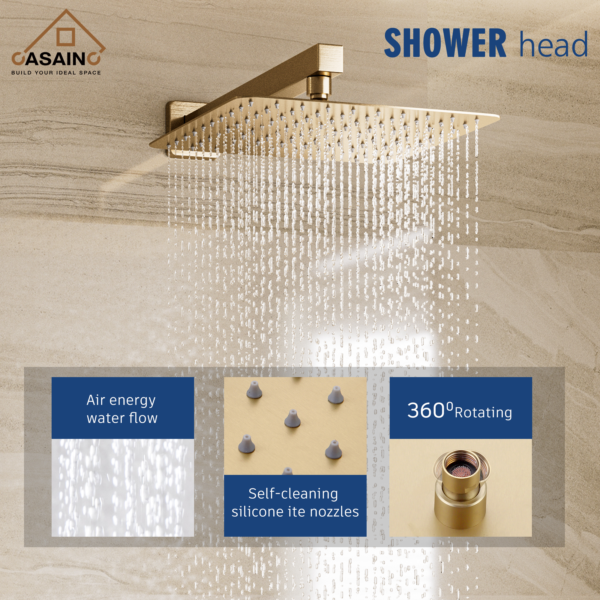 3-Spray Pattern 10 in. Wall Mount Shower System Shower Head and Functional Handheld, Brushed Gold