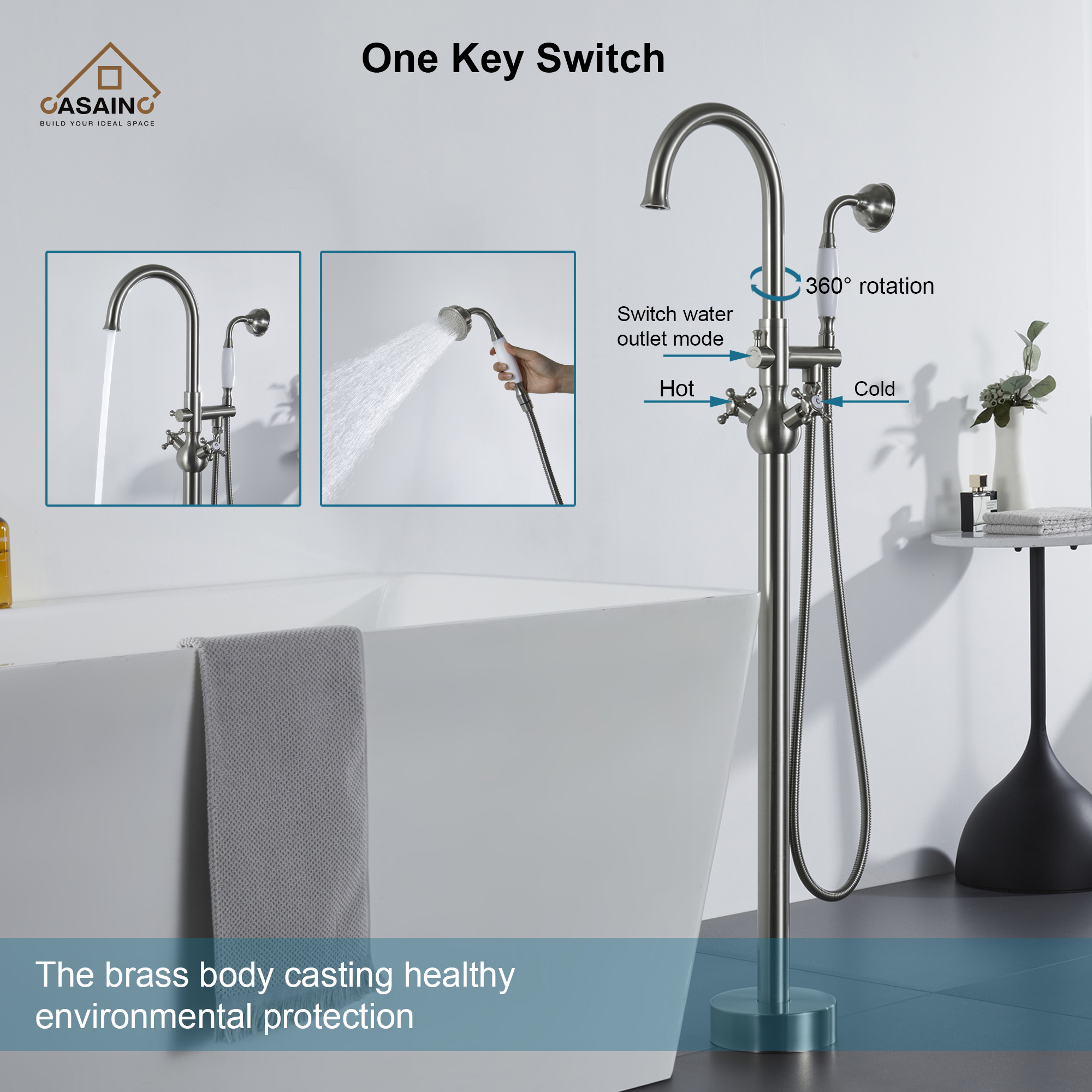 Vintage 2-Handle Floor-Mount Buthtub Freestanding Roman Tub Faucet in Brushed Brass