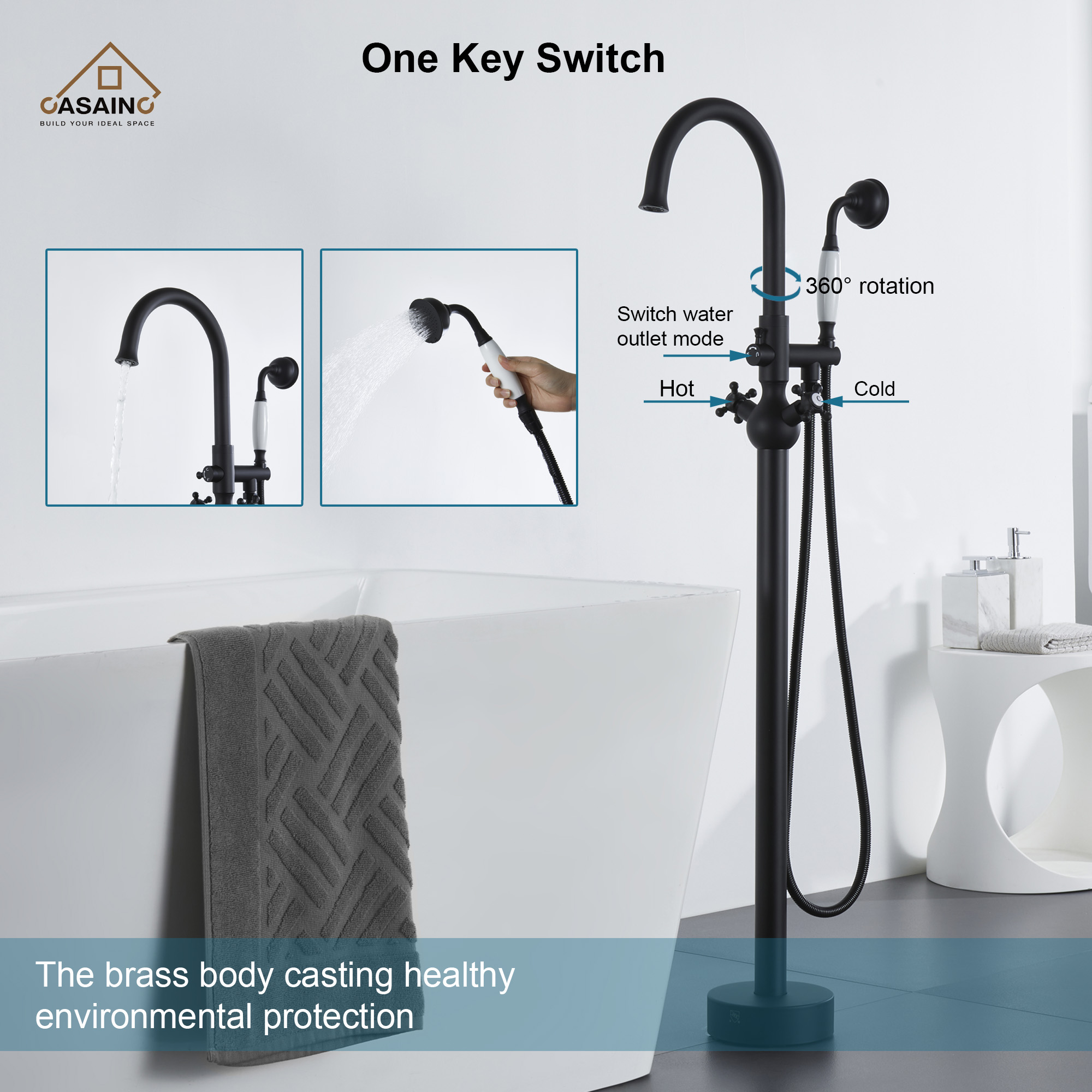 Vintage 2-Handle Floor-Mount Buthtub Freestanding Roman Tub Faucet in Brushed Brass