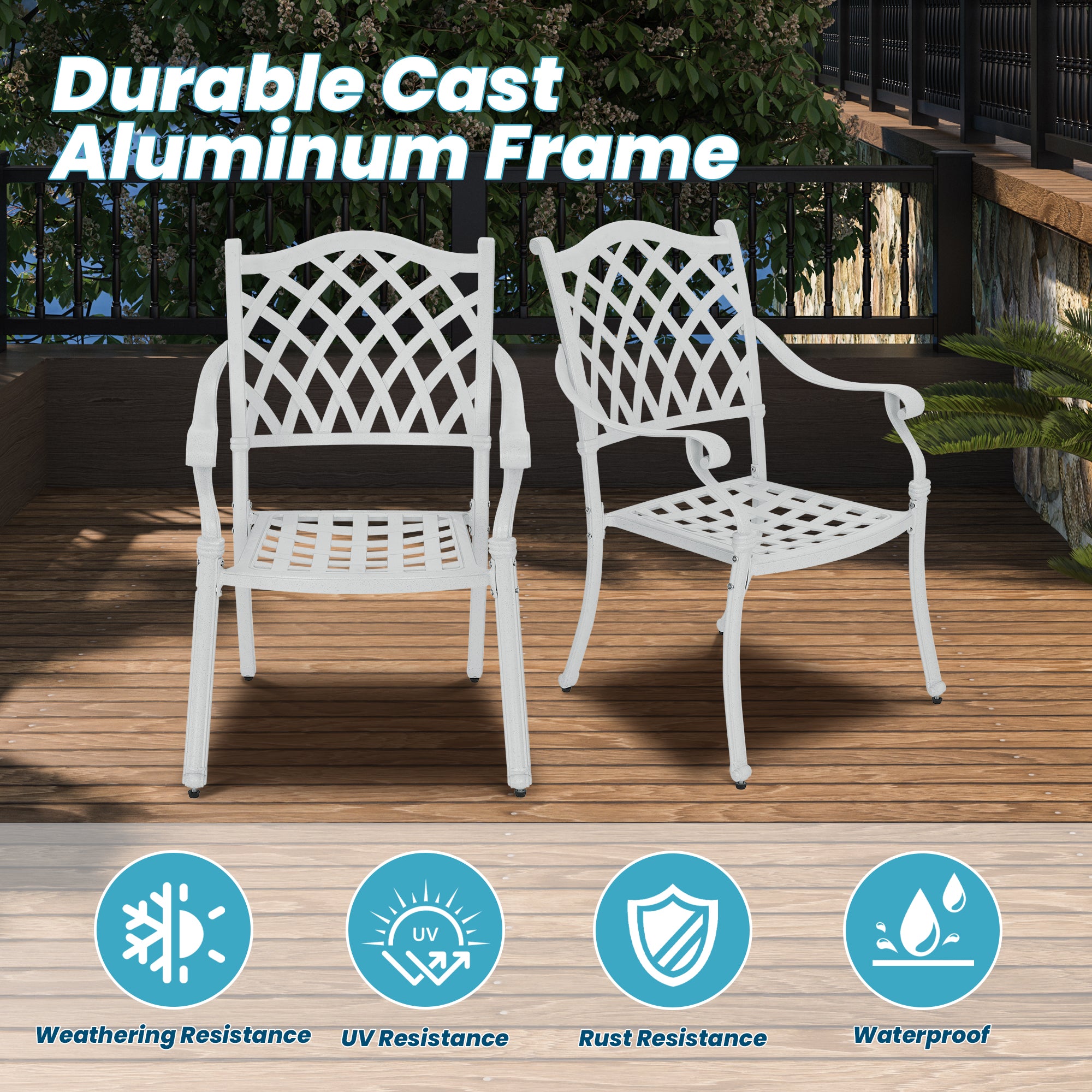 Set of 2 Bronze/White Cast Aluminum Patio Dining Chairs
