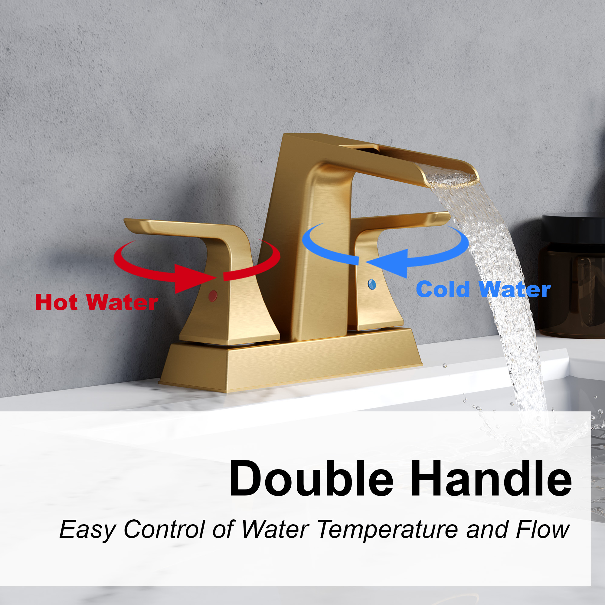 4 in. Centerset 2-Handle Waterfall Spout Mid Arc Lavatory Bathroom Faucet with Pop-Up Drain Kit in Brushed Gold/Matte Black