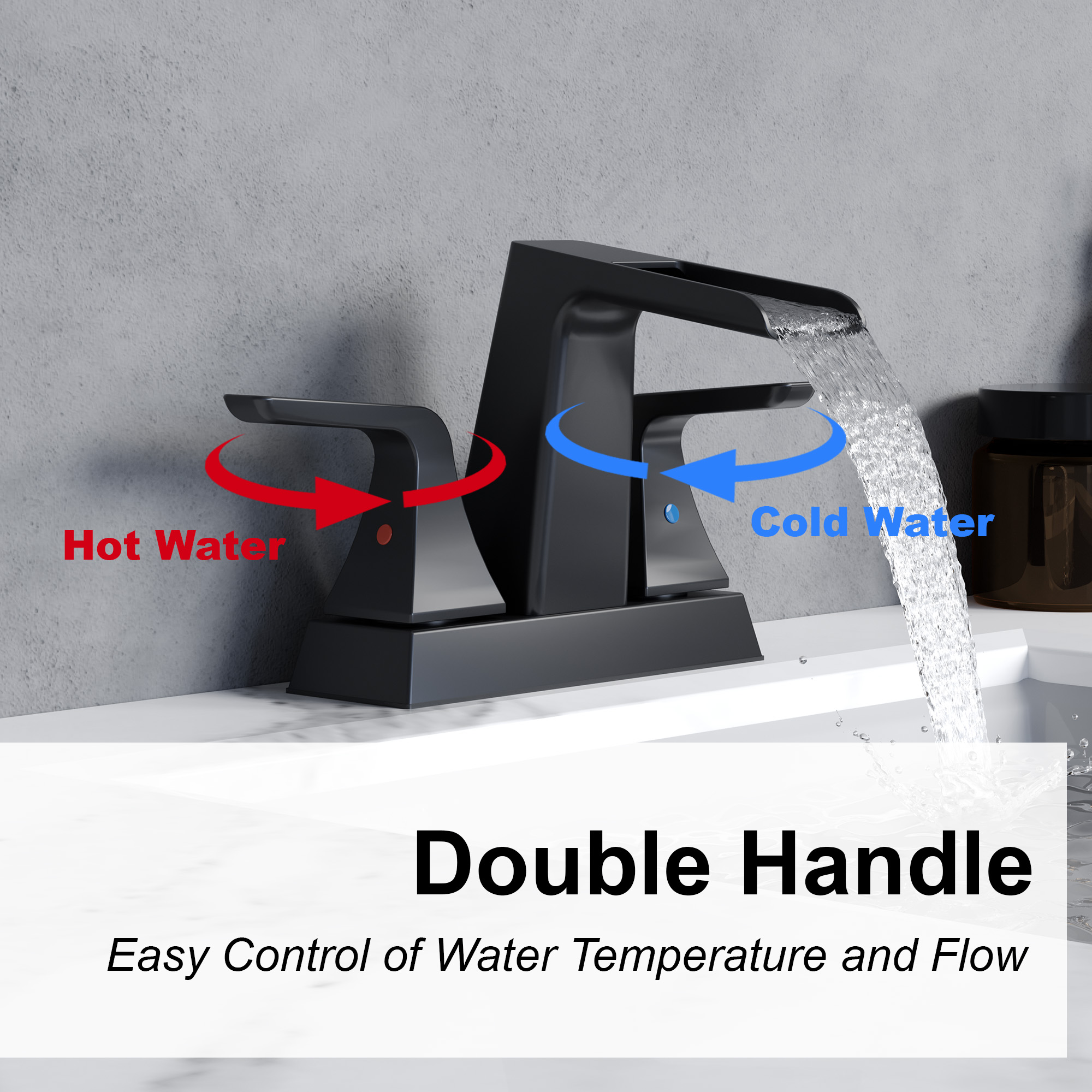 4 in. Centerset 2-Handle Waterfall Spout Mid Arc Lavatory Bathroom Faucet with Pop-Up Drain Kit in Brushed Gold/Matte Black