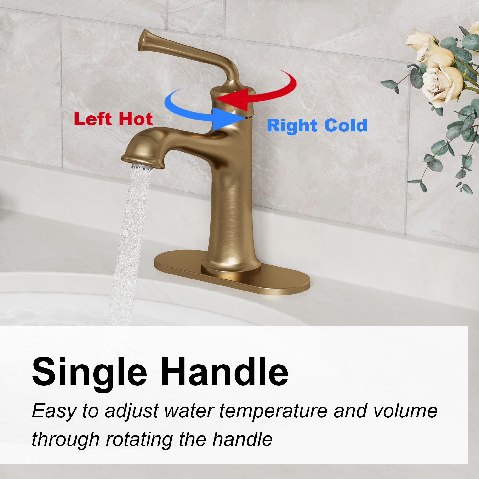 Single Handle Vessel Sink Faucet Single Hole Bathroom Faucet with Waterfall and Deck Plate in Brushed Gold