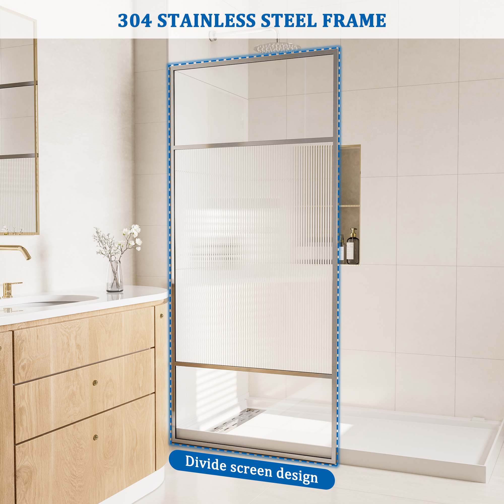 34"x74" Glass Shower Spliced Screen Panel with 304 Stainless Steel Hardware