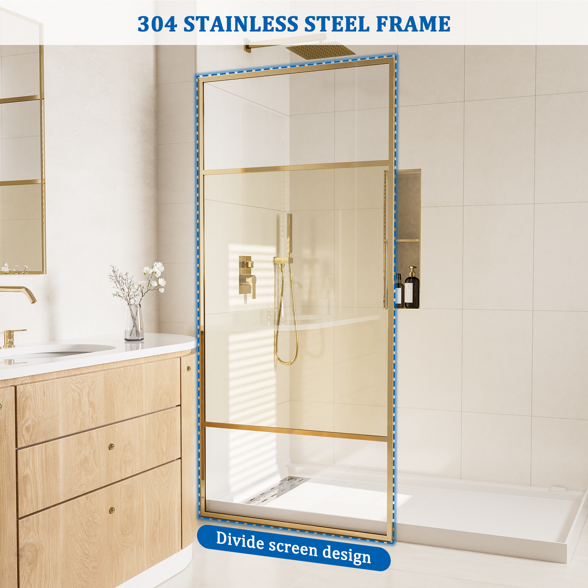 34"x74" Glass Shower Spliced Screen Panel with 304 Stainless Steel Hardware