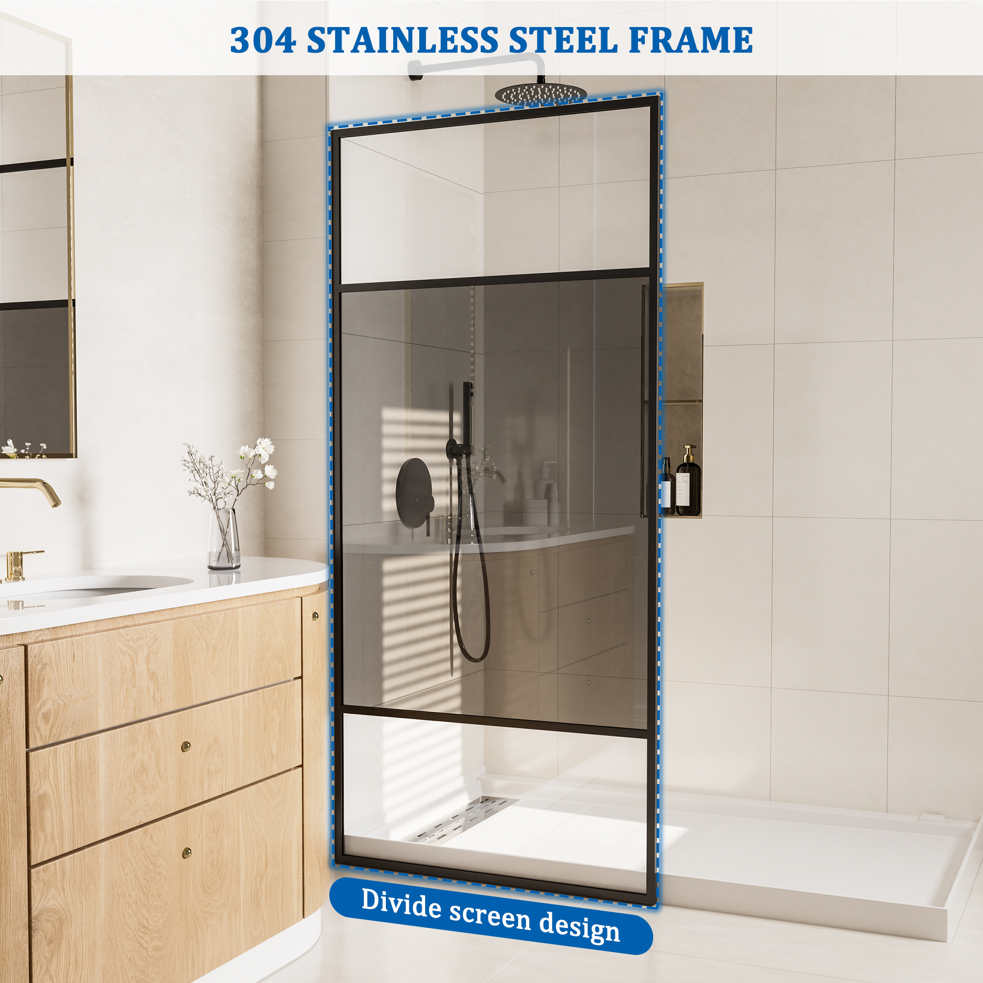 34"x74" Glass Shower Spliced Screen Panel with 304 Stainless Steel Hardware