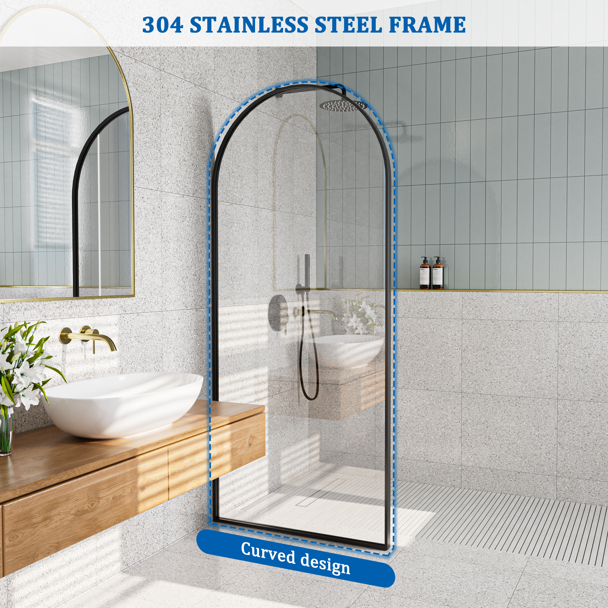 34"x78" Tempered Glass Shower Screen with Integrated Curved Frame