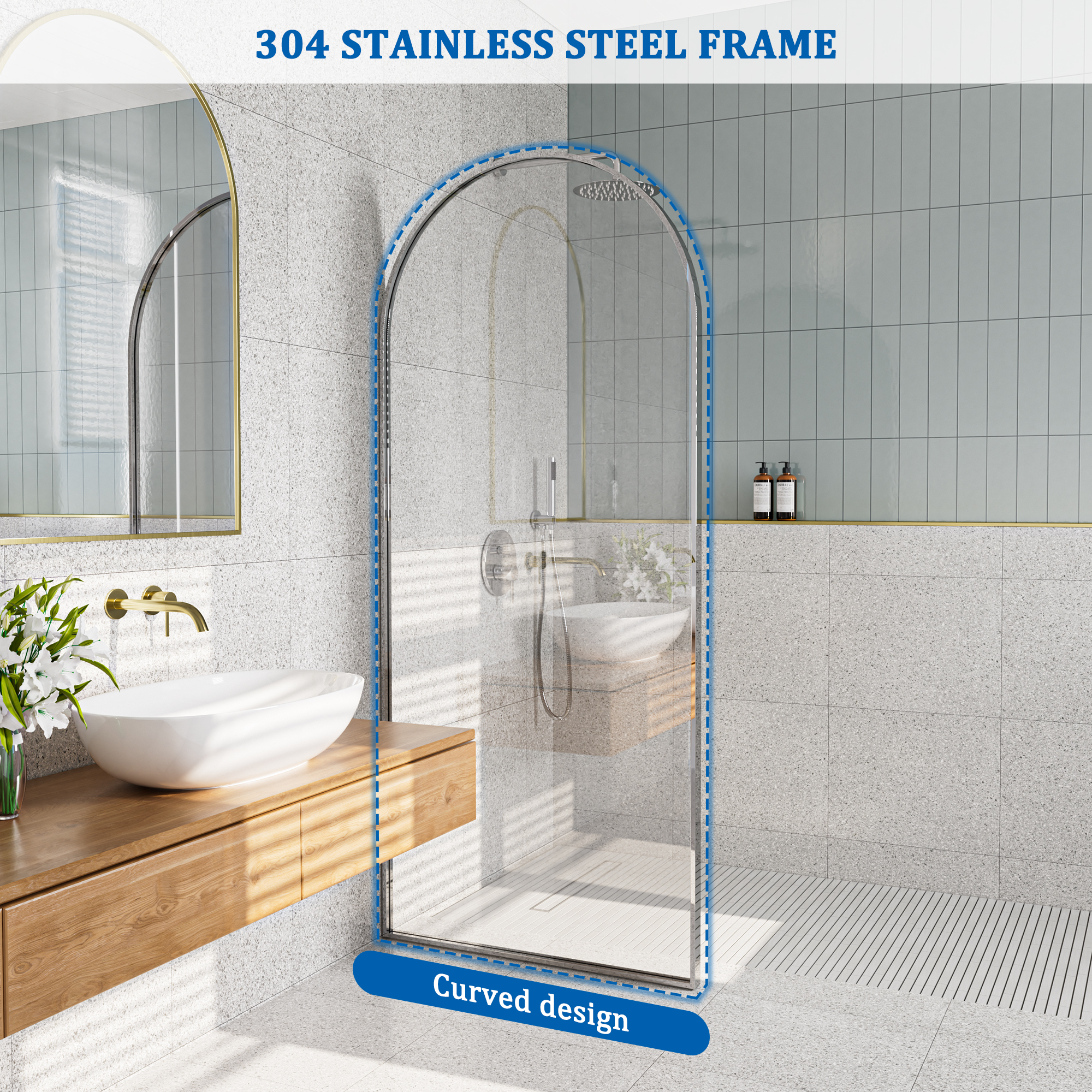 34"x78" Tempered Glass Shower Screen with Integrated Curved Frame