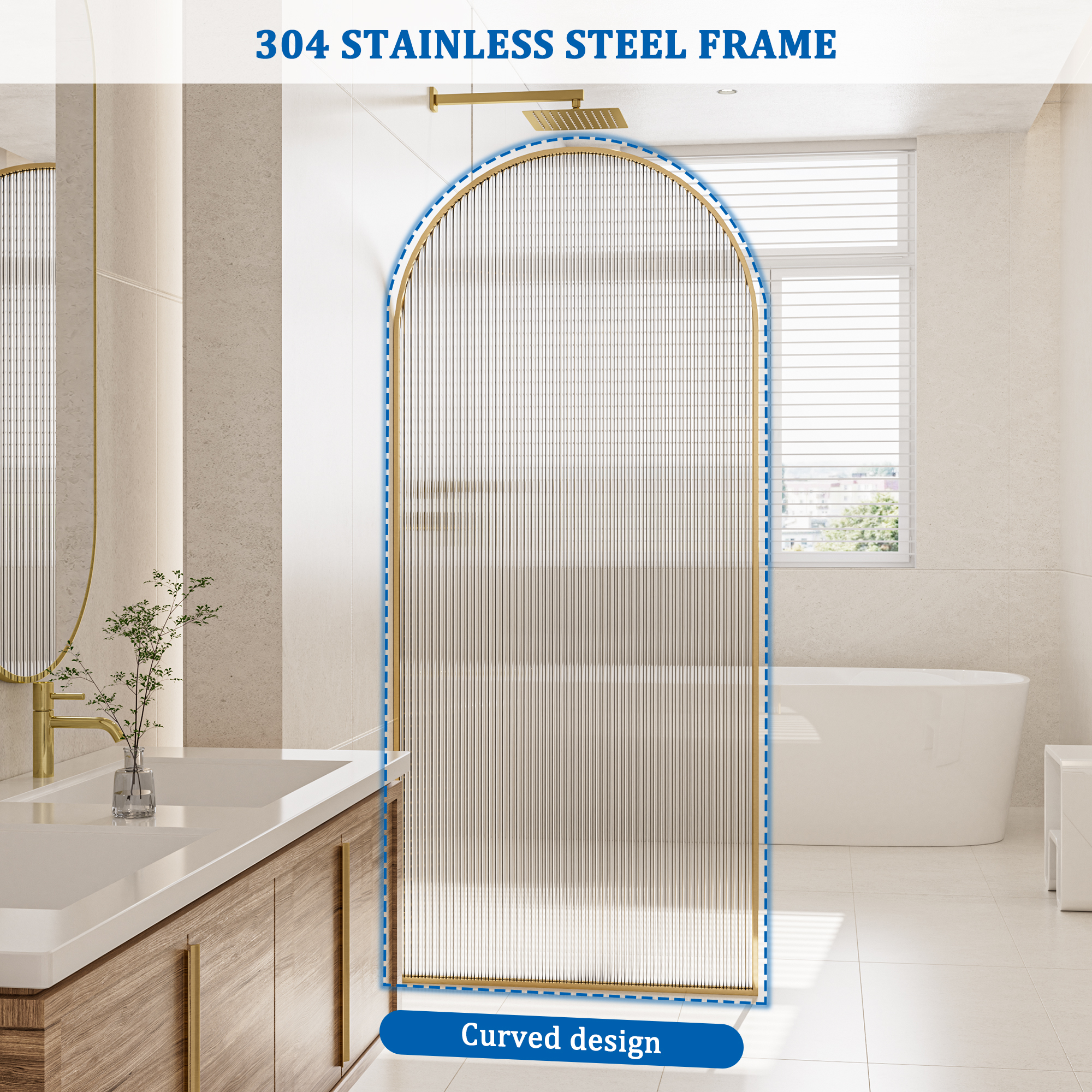 34"x78" Curved Frosted Glass Shower Screen with 10mm SGCC-Certified Tempered Glass