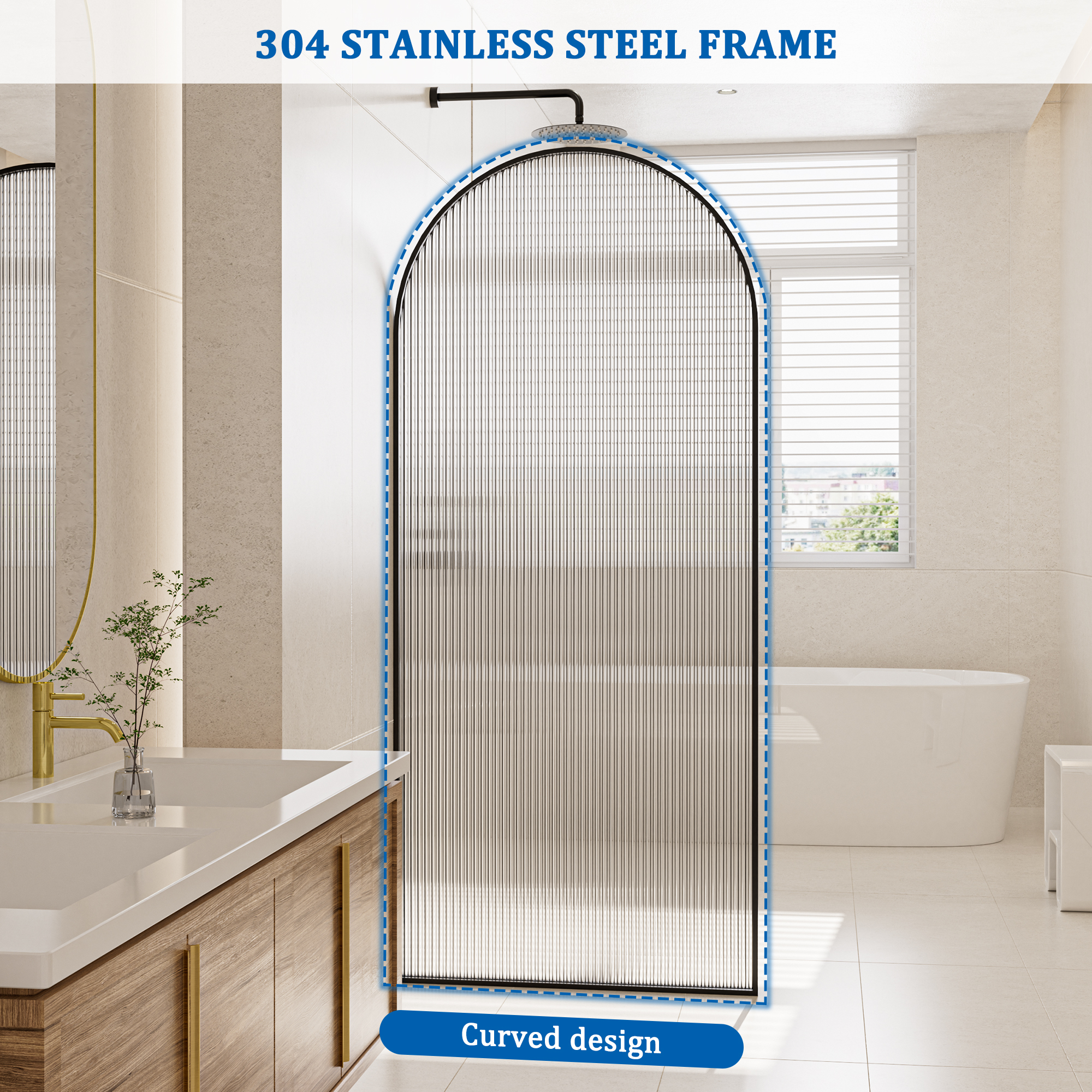 34"x78" Curved Frosted Glass Shower Screen with 10mm SGCC-Certified Tempered Glass
