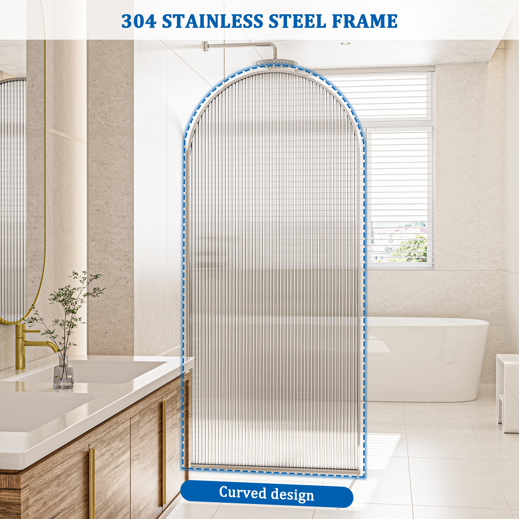 34"x78" Curved Frosted Glass Shower Screen with 10mm SGCC-Certified Tempered Glass