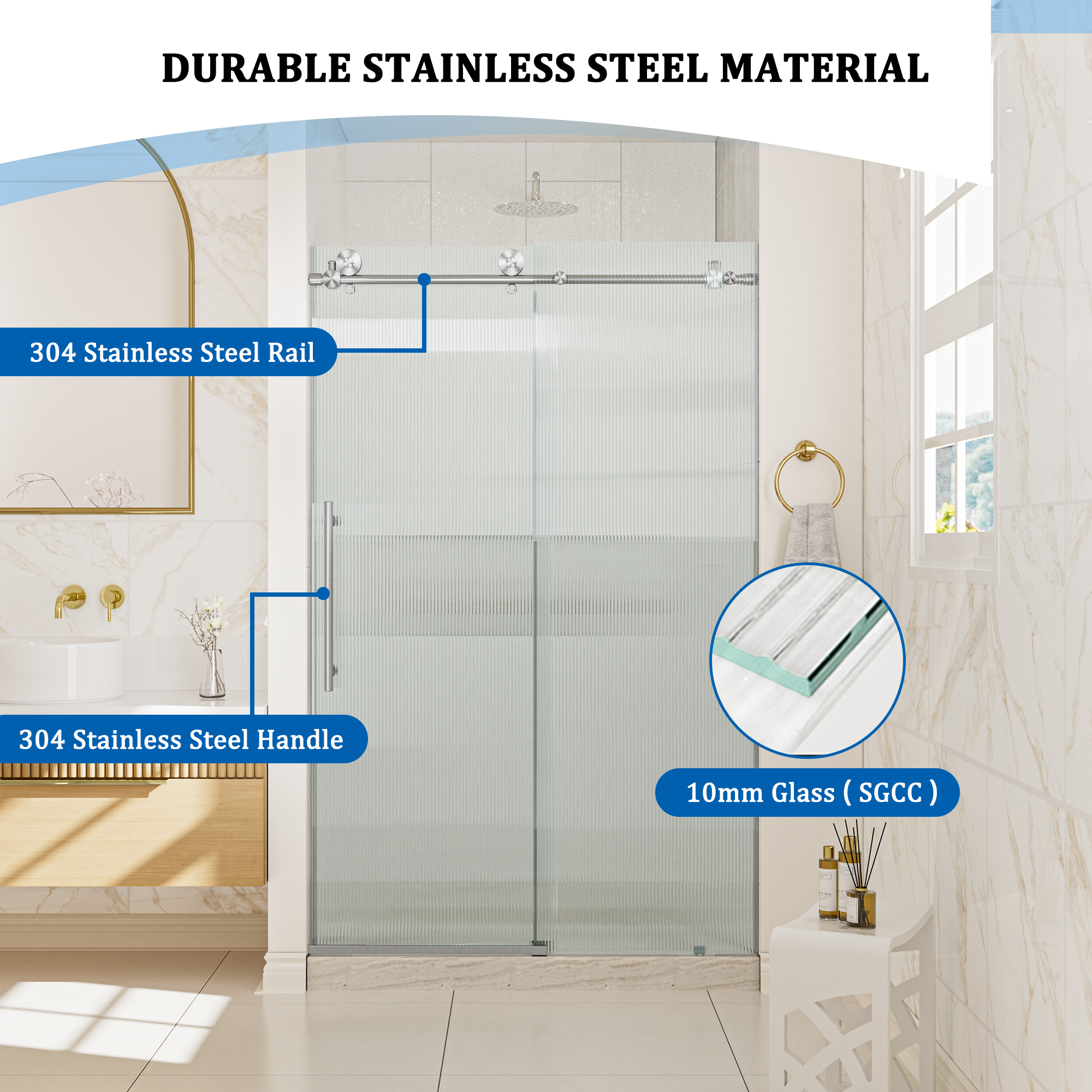 Double sliding frameless shower door with 10mm grooved tempered glass