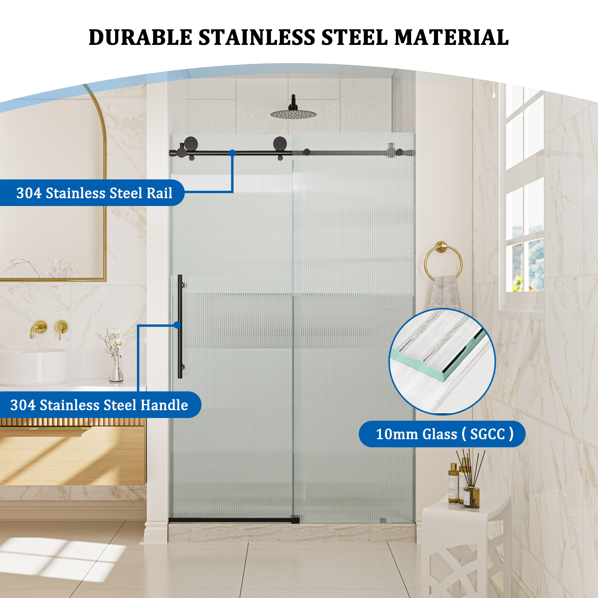 Double sliding frameless shower door with 10mm grooved tempered glass