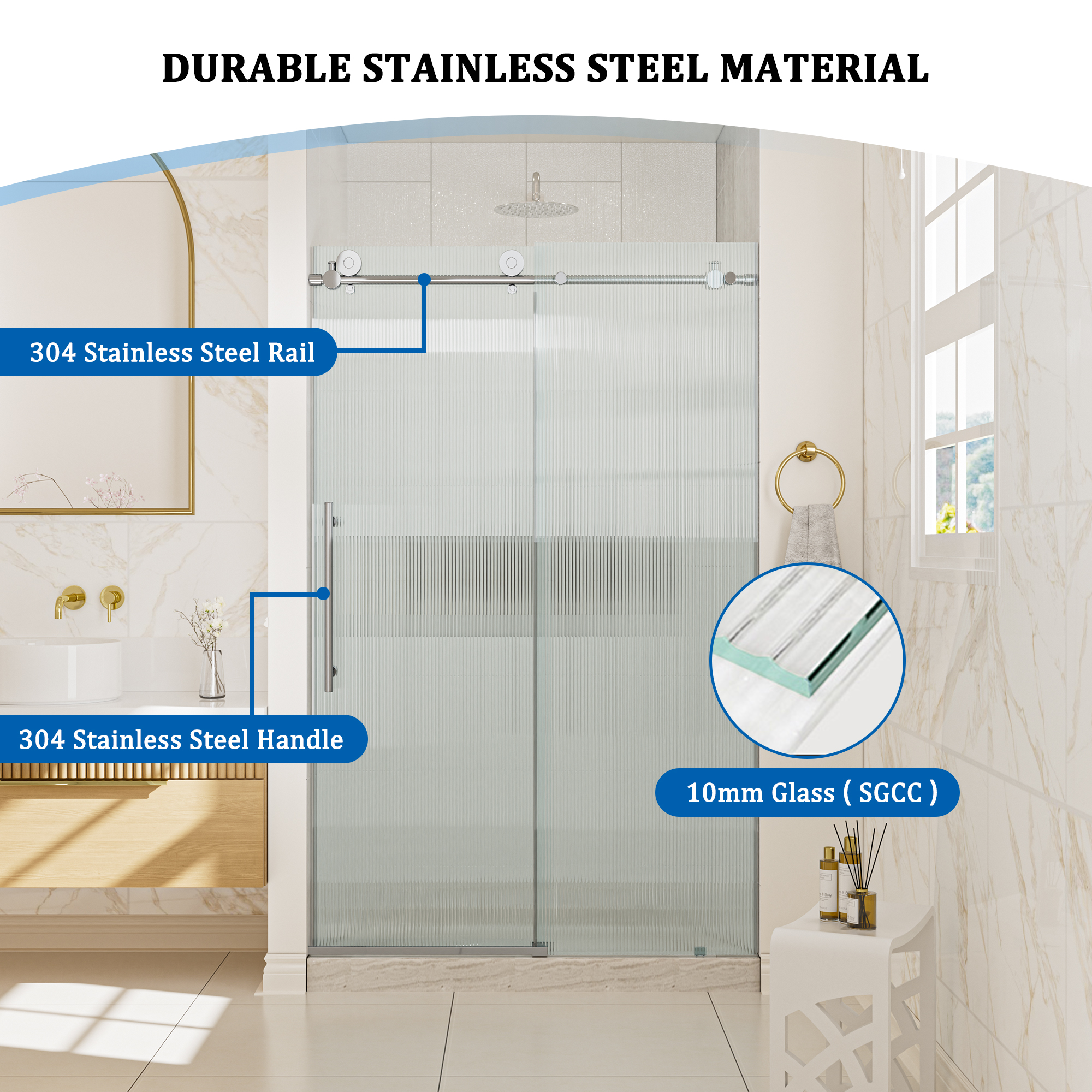 Double sliding frameless shower door with 10mm grooved tempered glass