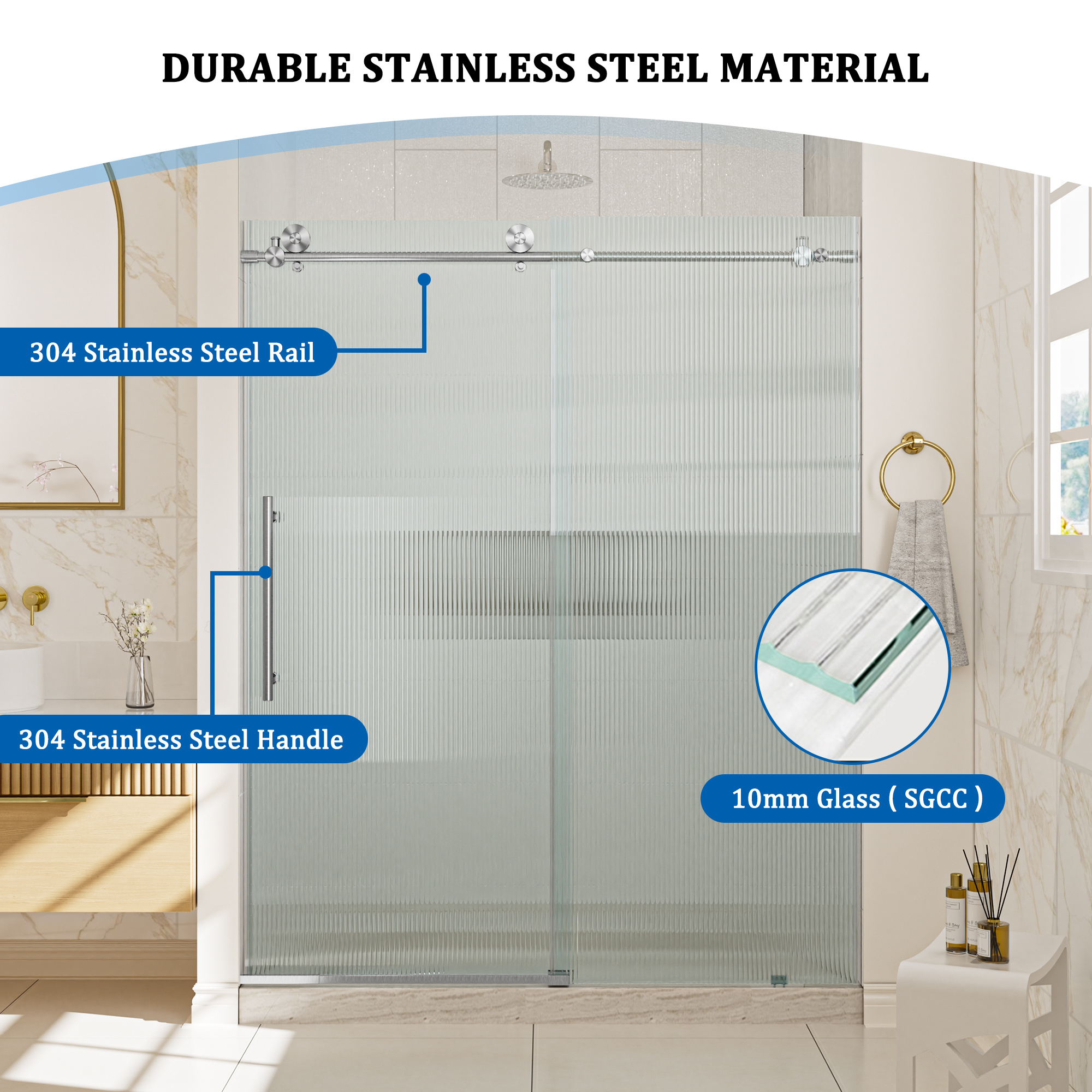 Double sliding frameless shower door with 10mm grooved tempered glass