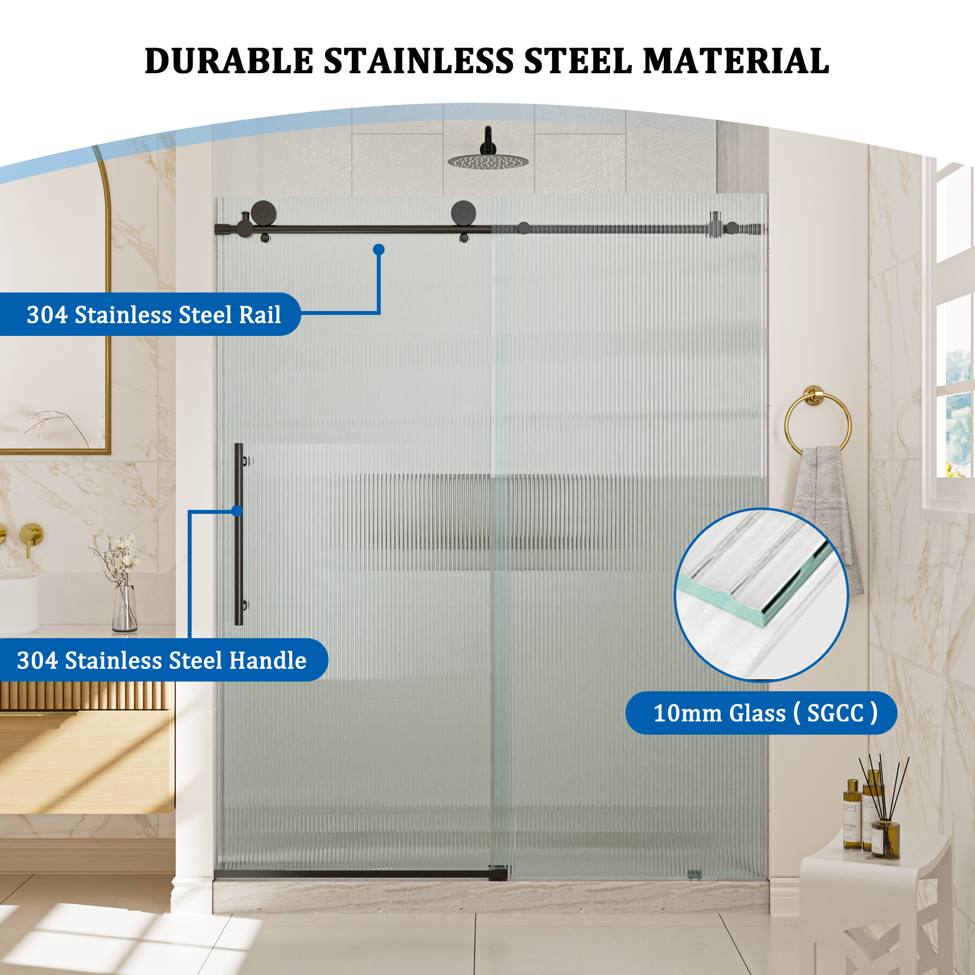 Double sliding frameless shower door with 10mm grooved tempered glass