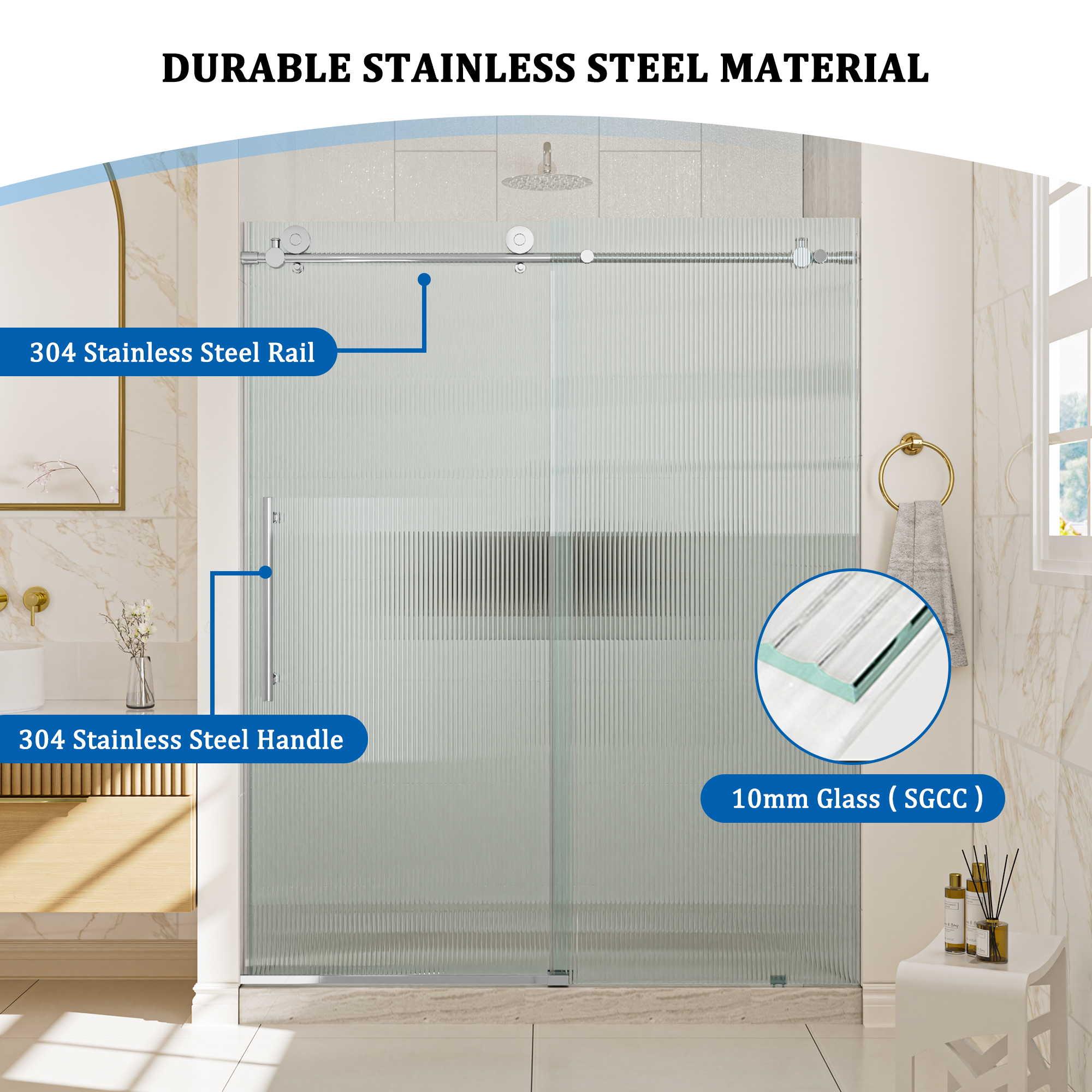Double sliding frameless shower door with 10mm grooved tempered glass
