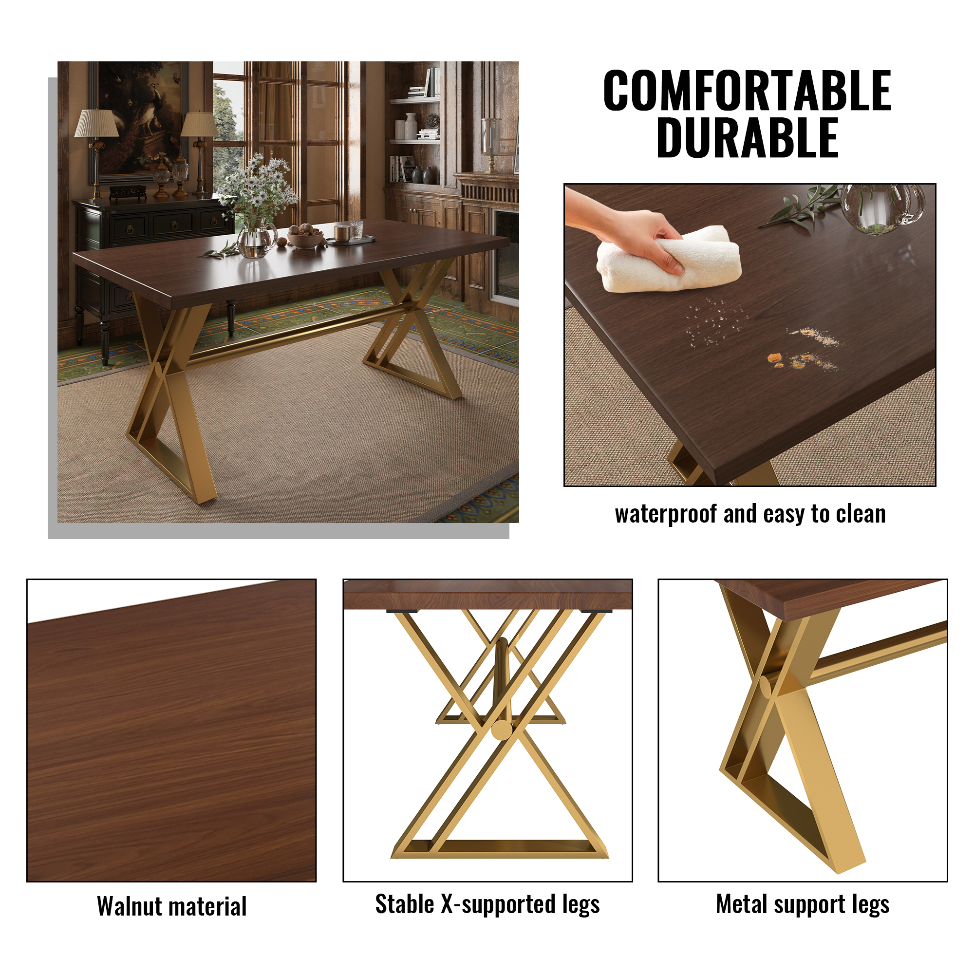 Brown/White Walnut Wood 70.87 in. Cross Legs Dining Table Seats-6