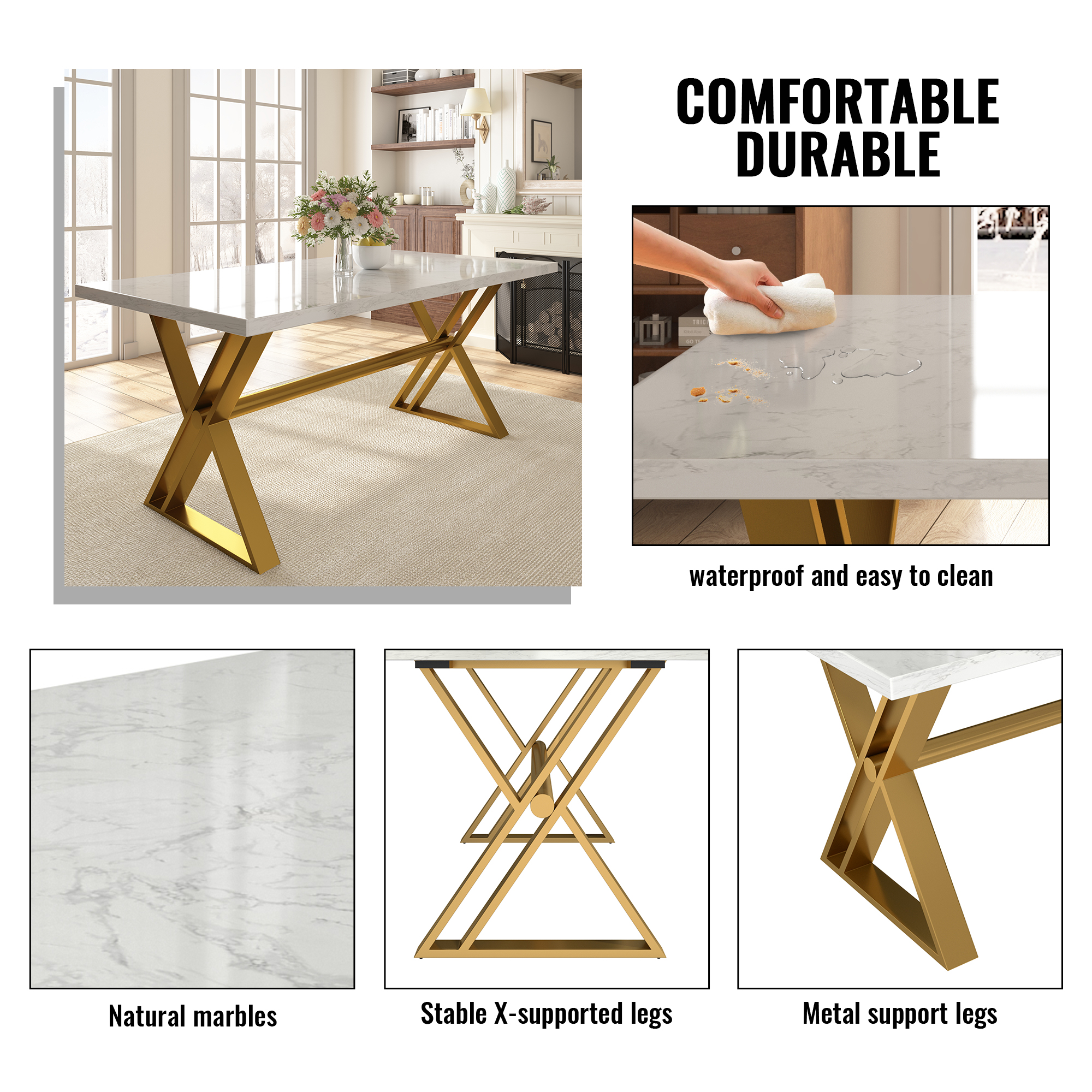 Brown/White Walnut Wood 70.87 in. Cross Legs Dining Table Seats-6