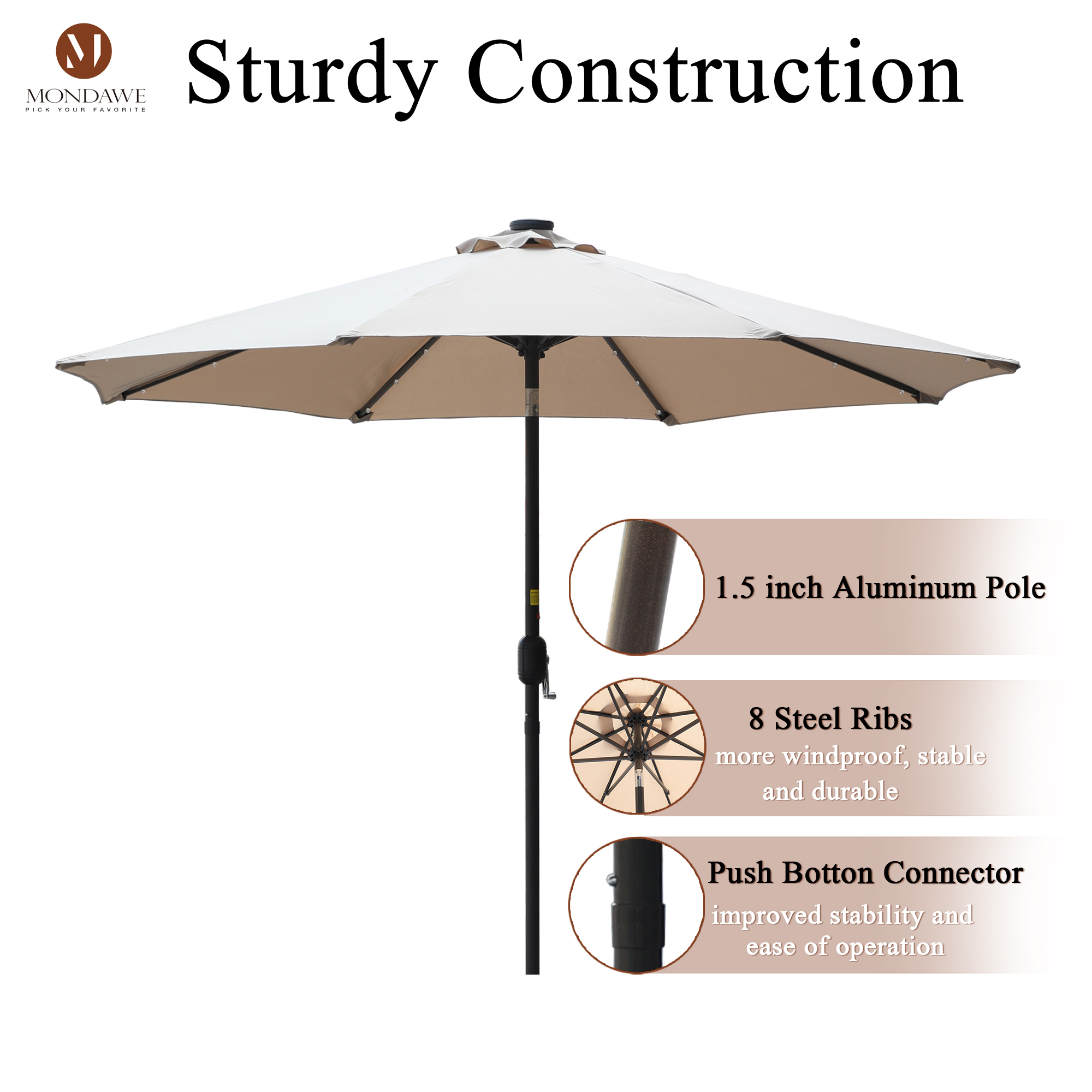 Mondawe 9 Ft 32 LED Round Solar Patio Market Umbrella-Mondawe