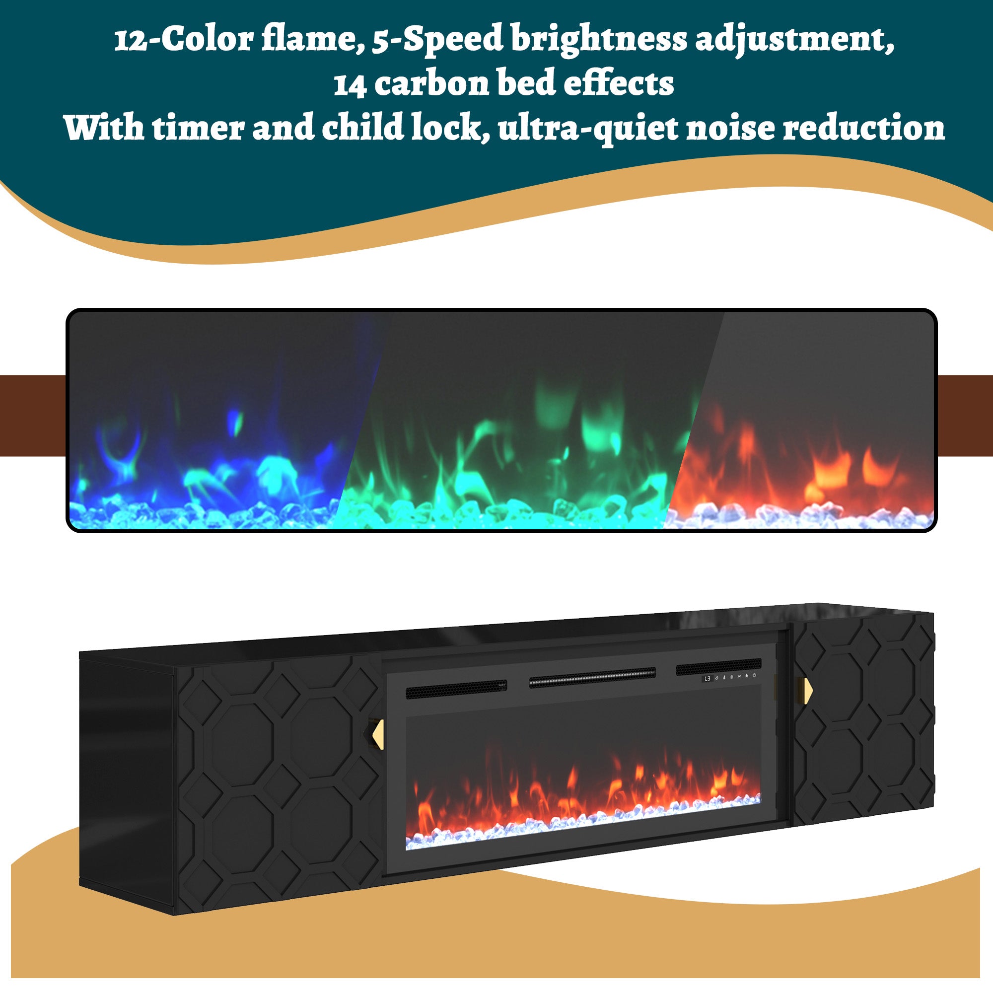 67.32-in W White Fan-forced Electric Fireplace , 5 levels of brightness adjustment, 14 charcoal bed effects