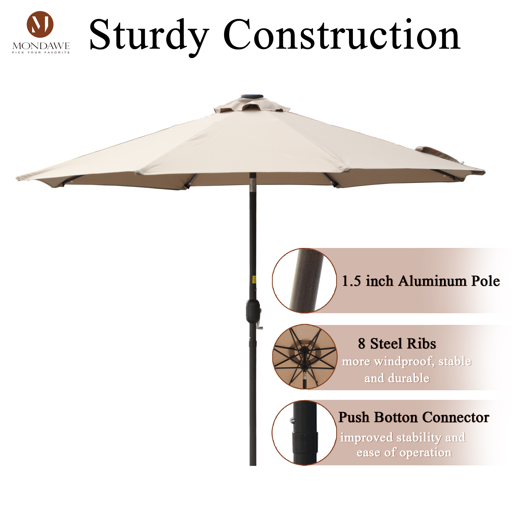 Mondawe 9 Ft 32 LED Round Solar Patio Market Umbrella-Mondawe