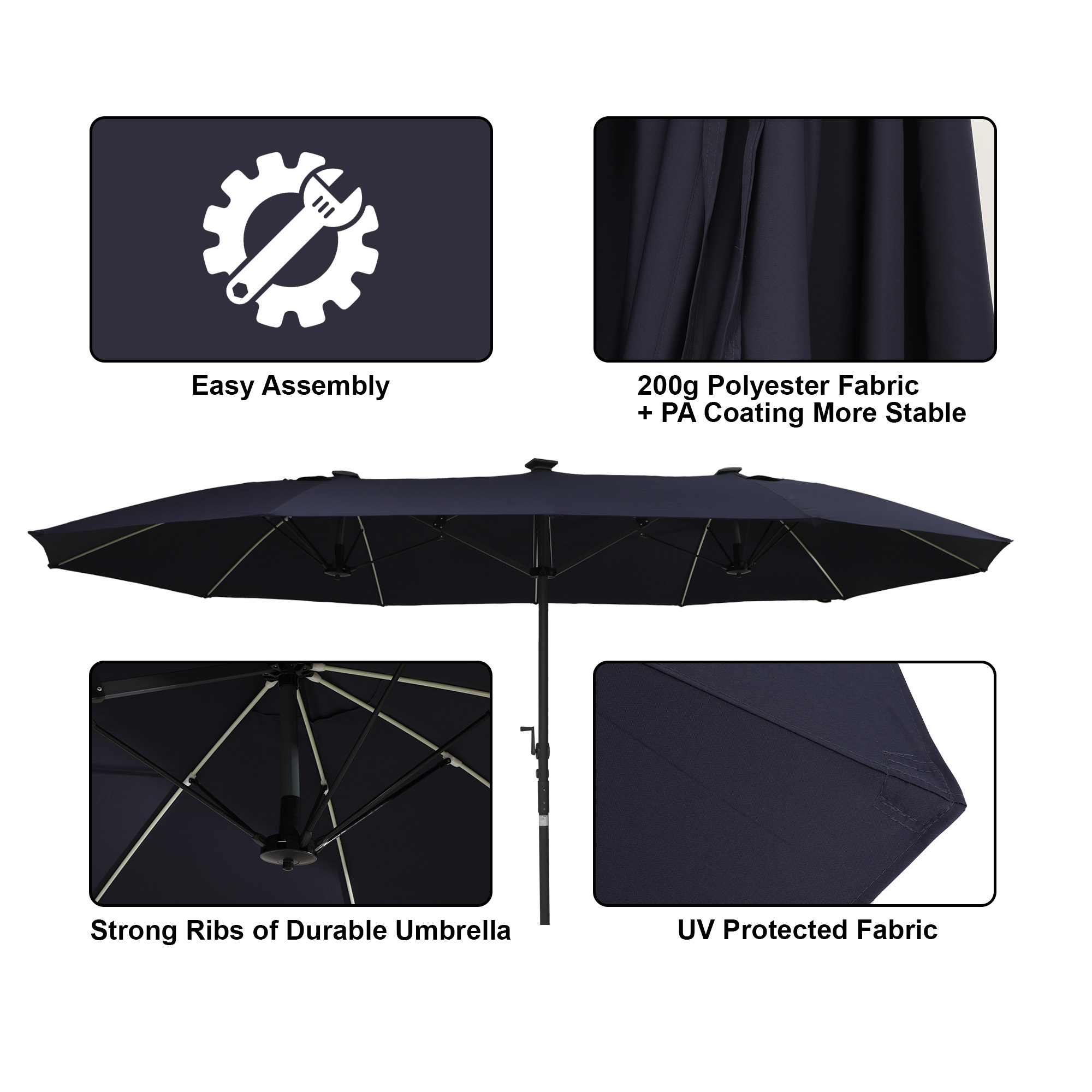 15ft Rectangular Dual-Sided Patio Fiberglass Ribs Umbrella with LED Lights