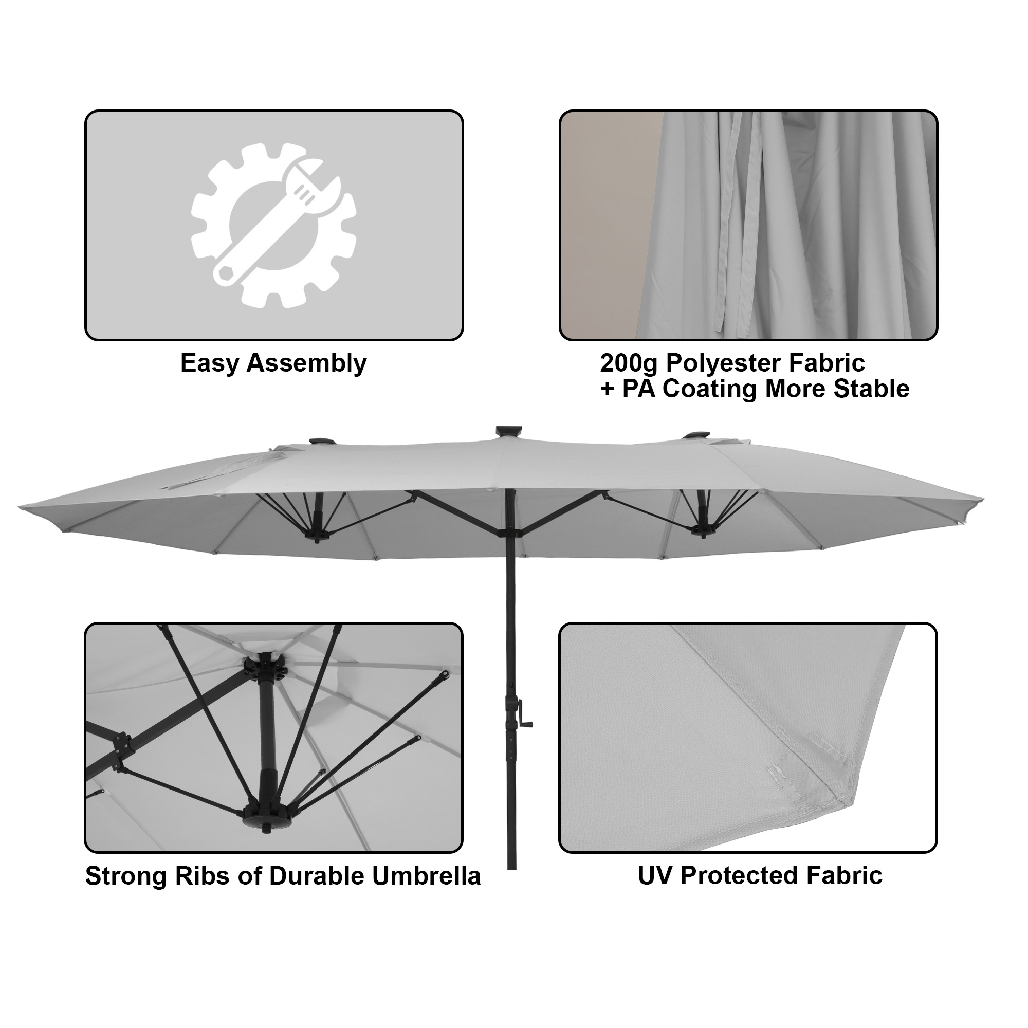 15ft Rectangular Dual-Sided Patio Fiberglass Ribs Umbrella with LED Lights