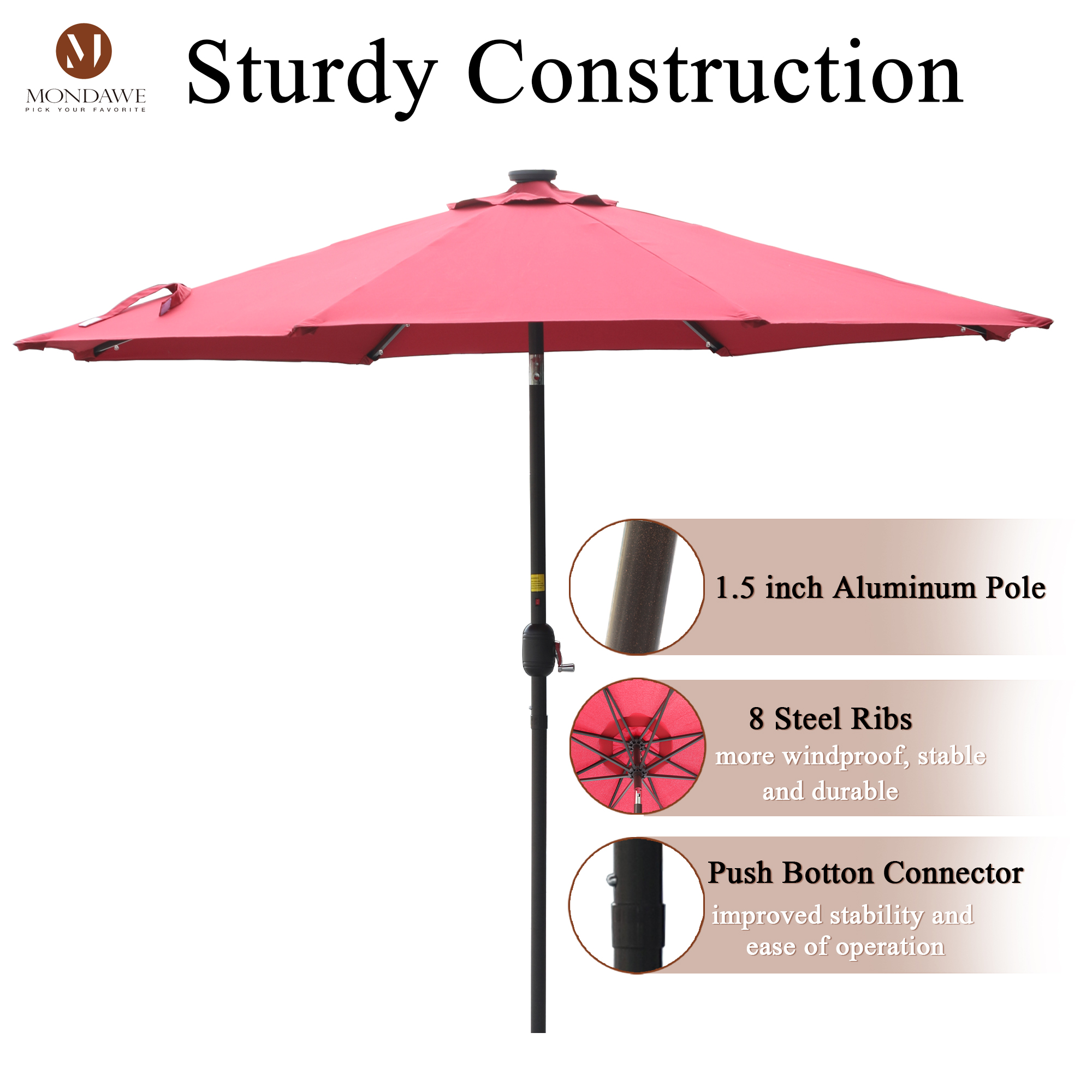 Mondawe 9 Ft 32 LED Round Solar Patio Market Umbrella-Mondawe