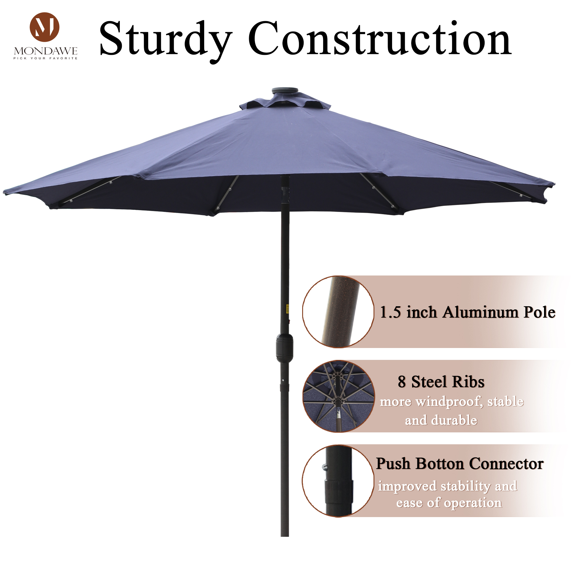 Mondawe 9 Ft 32 LED Round Solar Patio Market Umbrella-Mondawe
