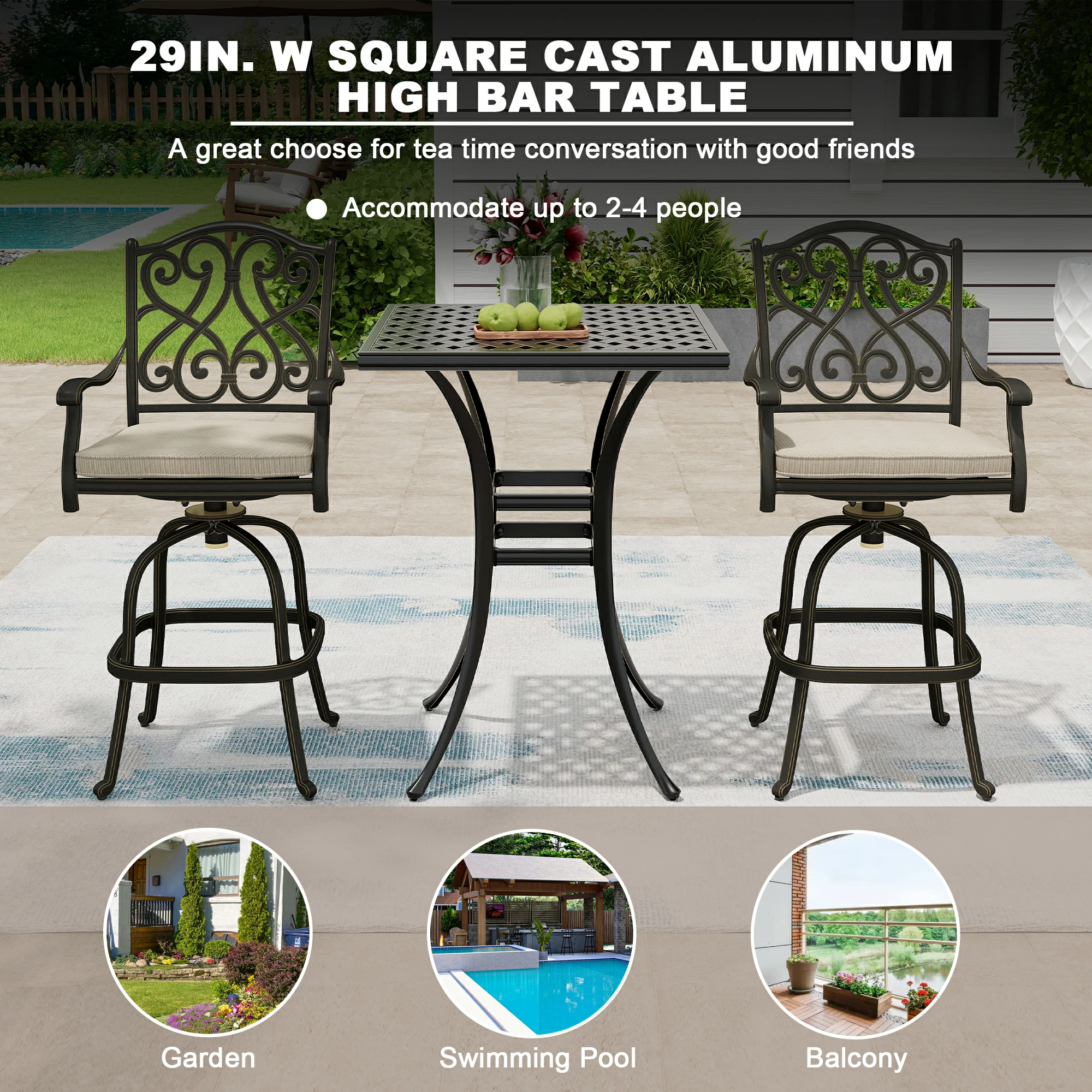 Square Outdoor Table Bar Stool 29-in W x 29-in L with Umbrella Hole