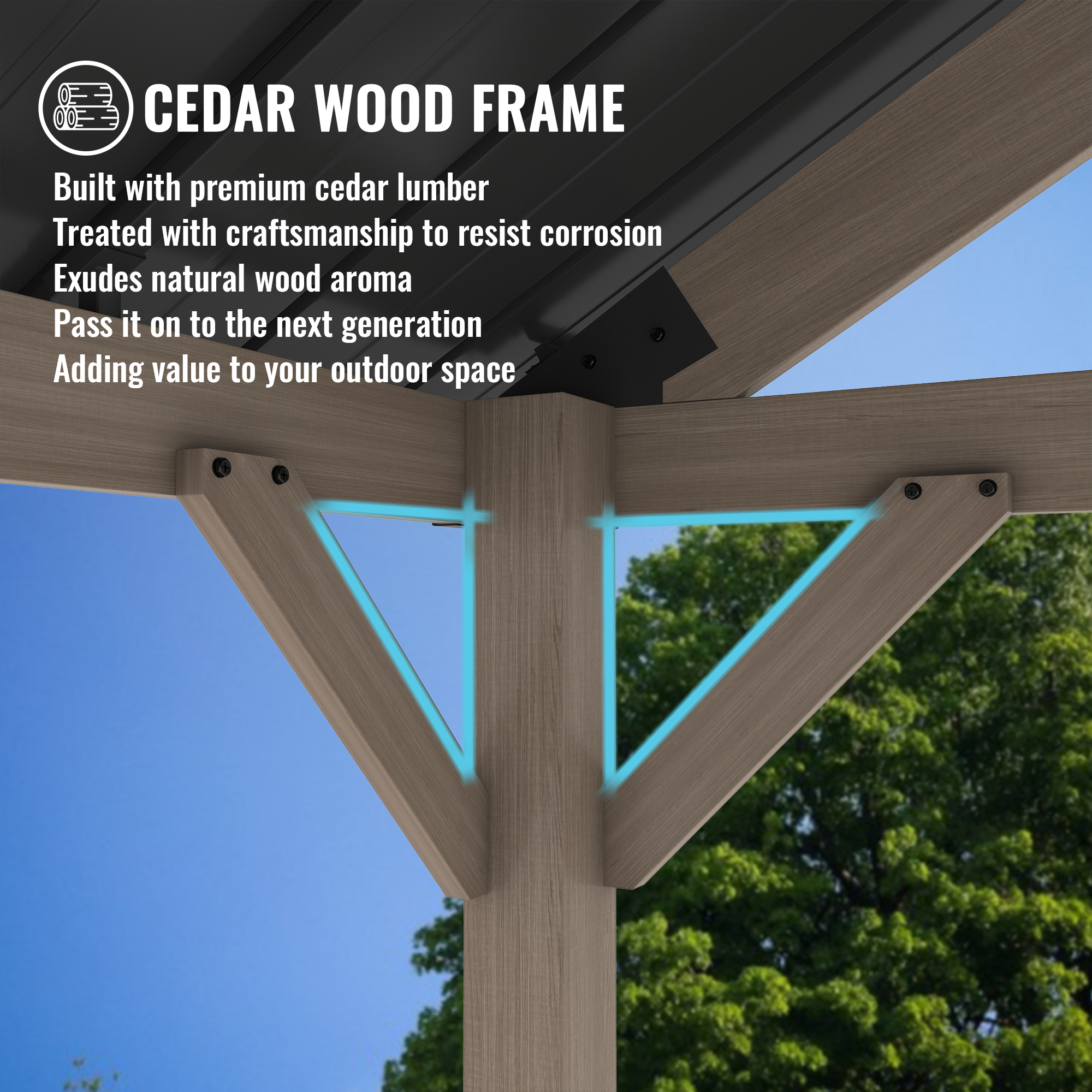 10 ft. x 12 ft. Outdoor Cedar Wood Frame Patio Gazebo Canopy Galvanized Steel Gable Hardtop Roof for Patio Lawn Backyard - Greenwich Serie