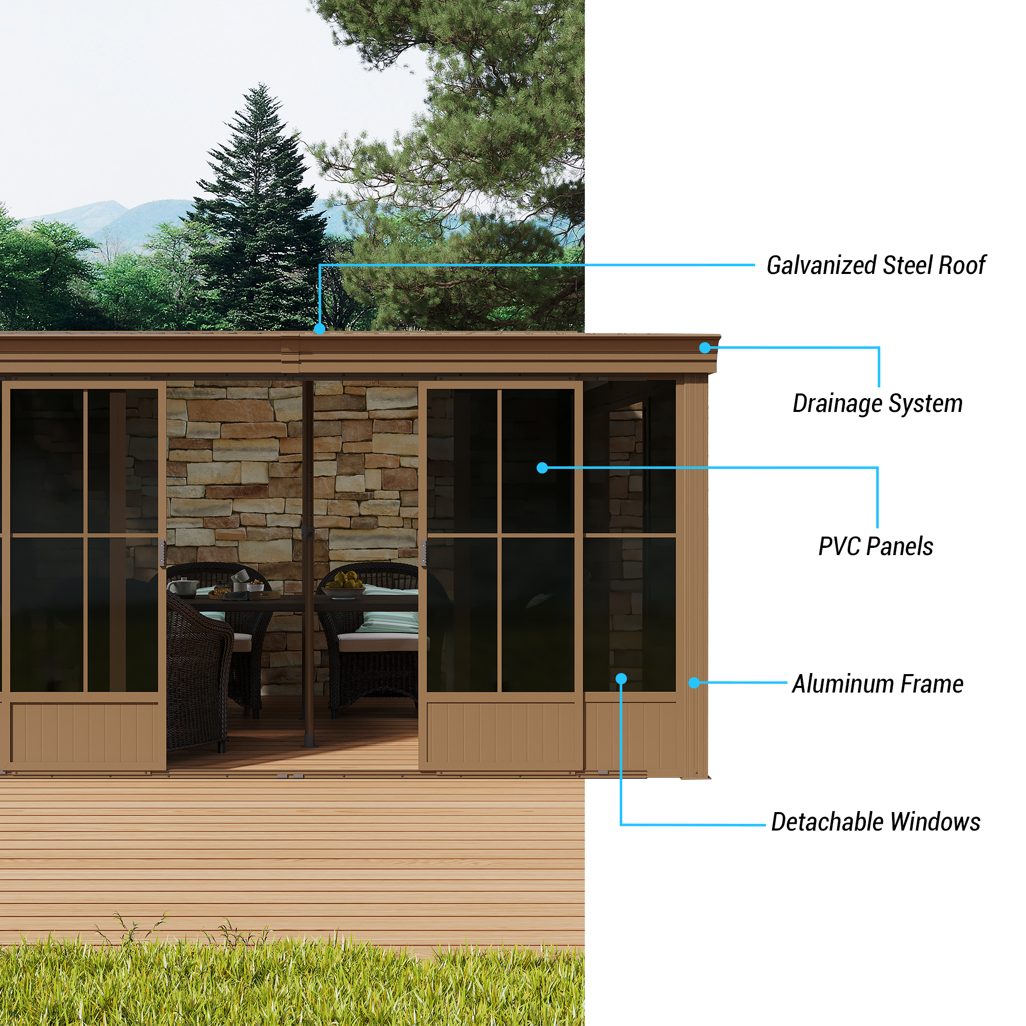 12x14FT Wall Mounted Sunroom, Against Wall Solarium with Galvanized Steel Sloping Roof, Detachable PVC Screen, Lockable Sliding Front and Side Doors, Lean-to Gazebo Sun Room for Deck Patio