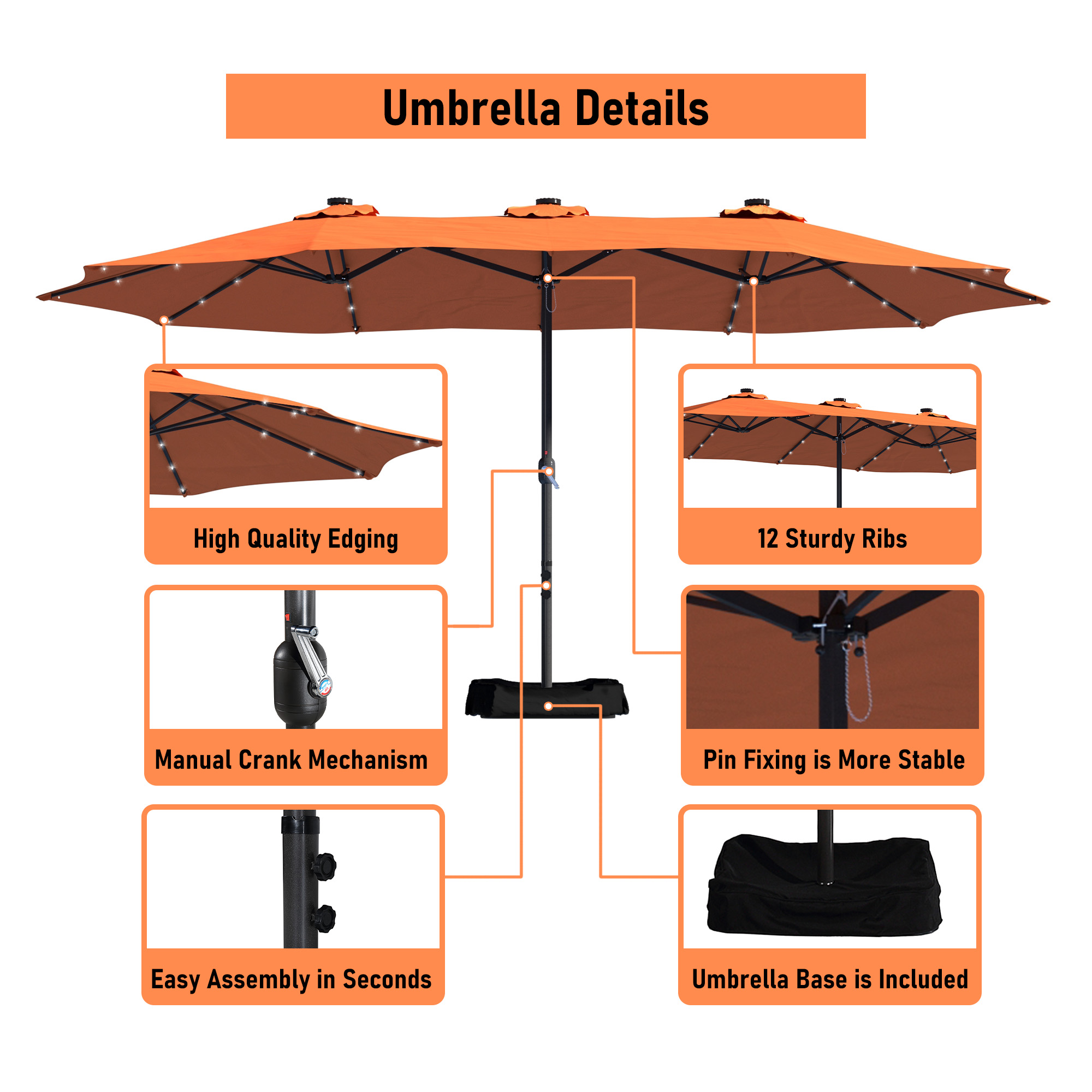 Mondawe 15ft Rectangular Patio Umbrella with Base and LED Lights-Mondawe
