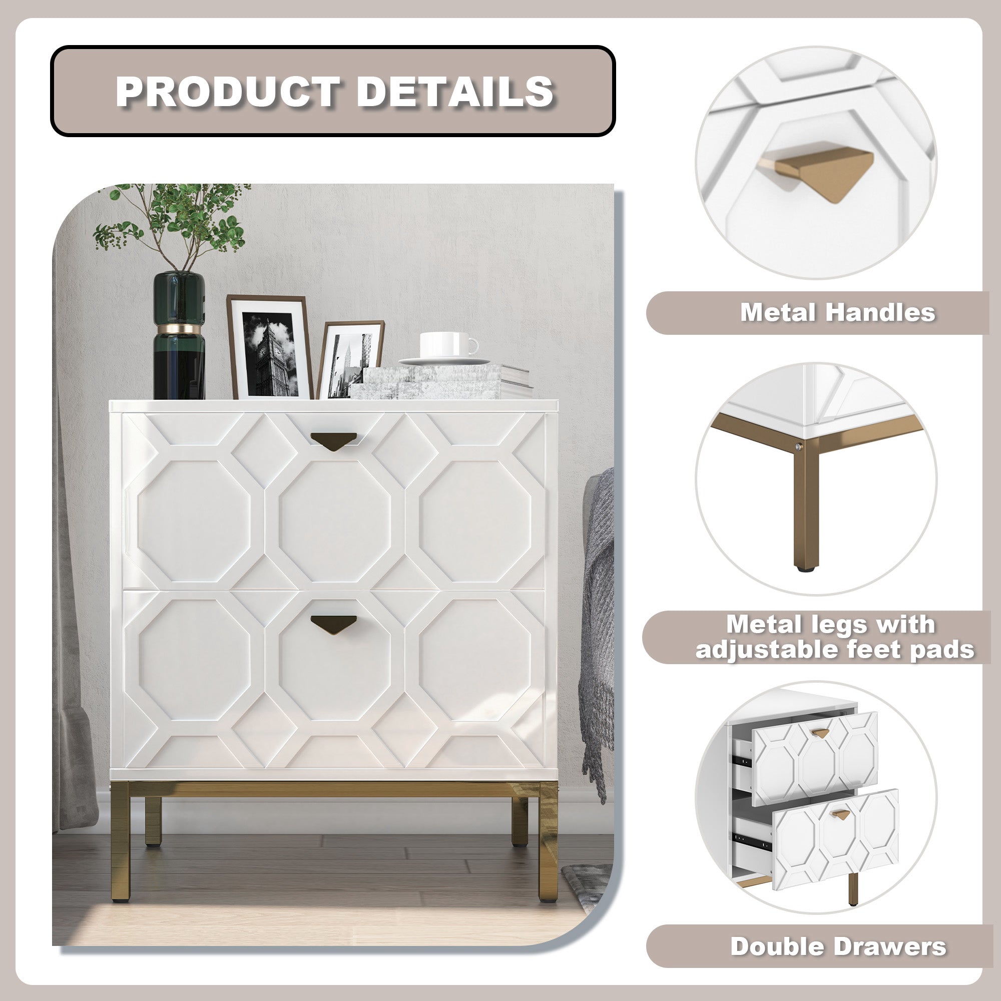 Boyel Living Honeycomb Wooden 2-Drawer Side Table in White