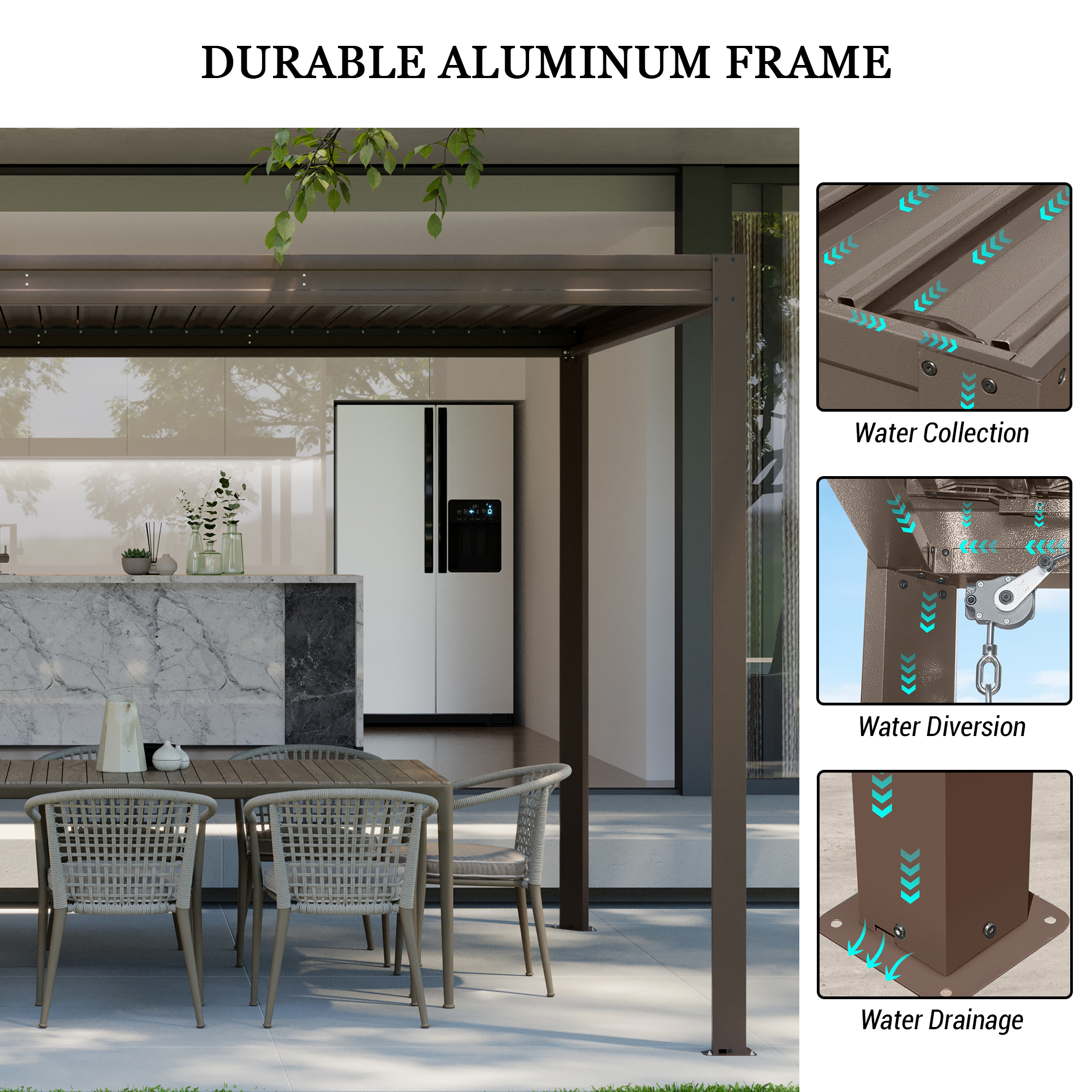 Louvered Pergola, Wood Grain Aluminum Pergola with Adjustable Roof, Wood Looking Aluminum Frame, Efficient Drainage System, Outdoor Pergola for Patio, Deck, Garden