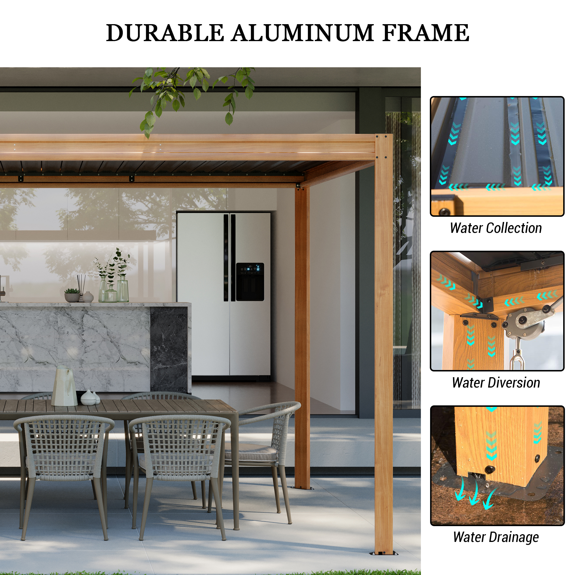Louvered Pergola, Wood Grain Aluminum Pergola with Adjustable Roof, Wood Looking Aluminum Frame, Efficient Drainage System, Outdoor Pergola for Patio, Deck, Garden
