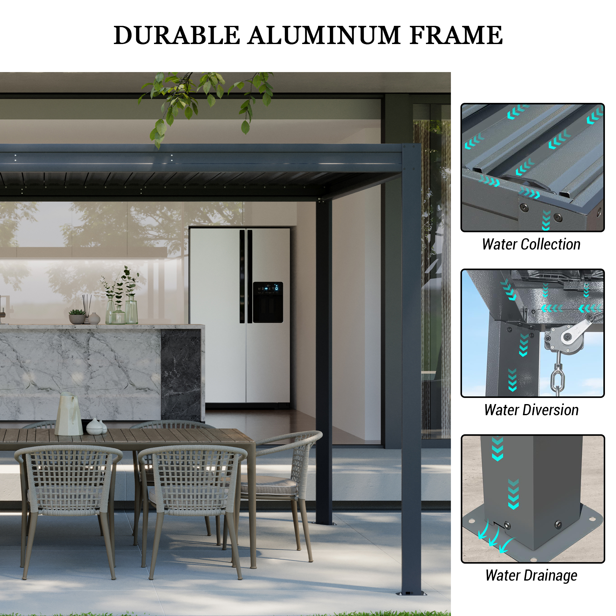 Louvered Pergola, Wood Grain Aluminum Pergola with Adjustable Roof, Wood Looking Aluminum Frame, Efficient Drainage System, Outdoor Pergola for Patio, Deck, Garden