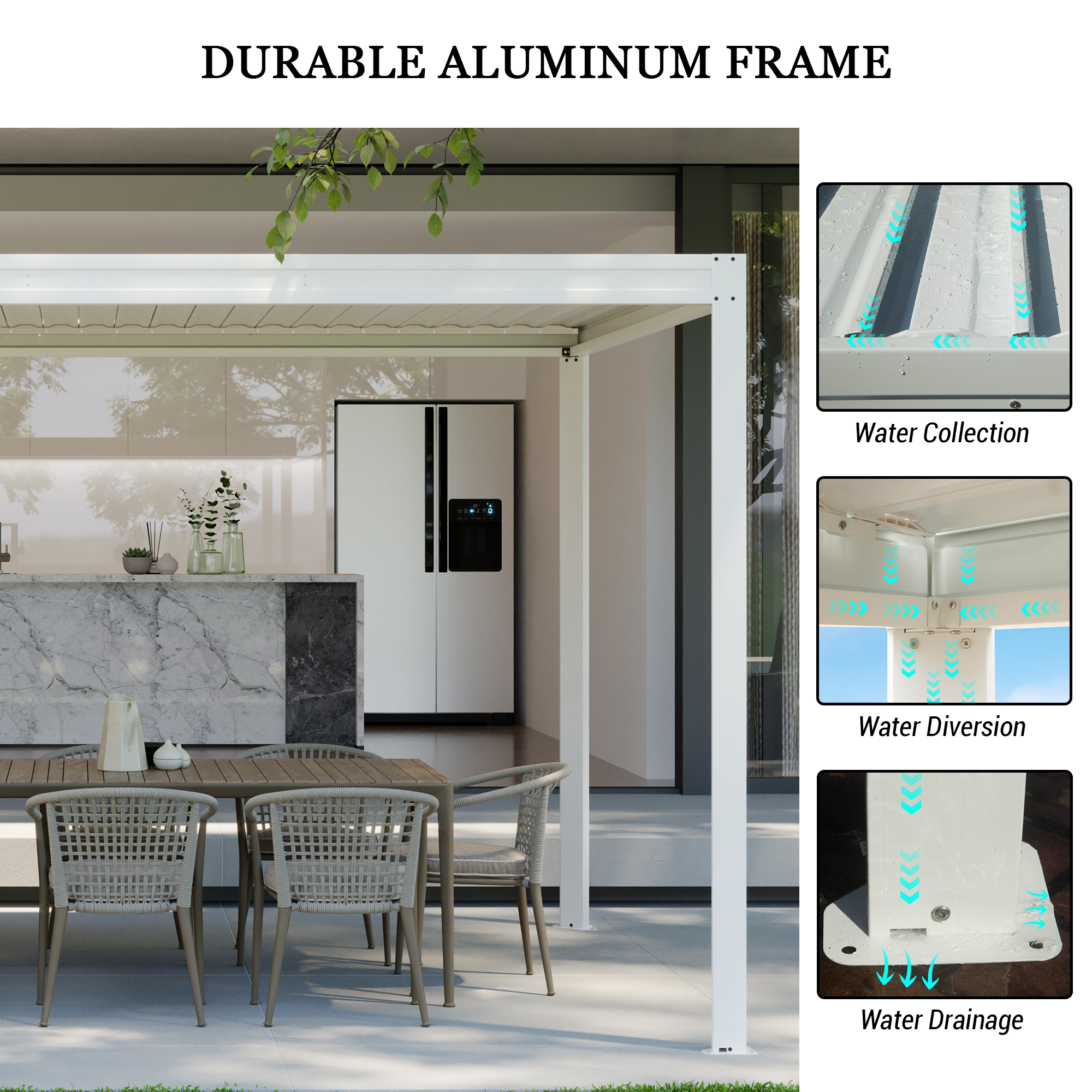 Louvered Pergola, Wood Grain Aluminum Pergola with Adjustable Roof, Wood Looking Aluminum Frame, Efficient Drainage System, Outdoor Pergola for Patio, Deck, Garden