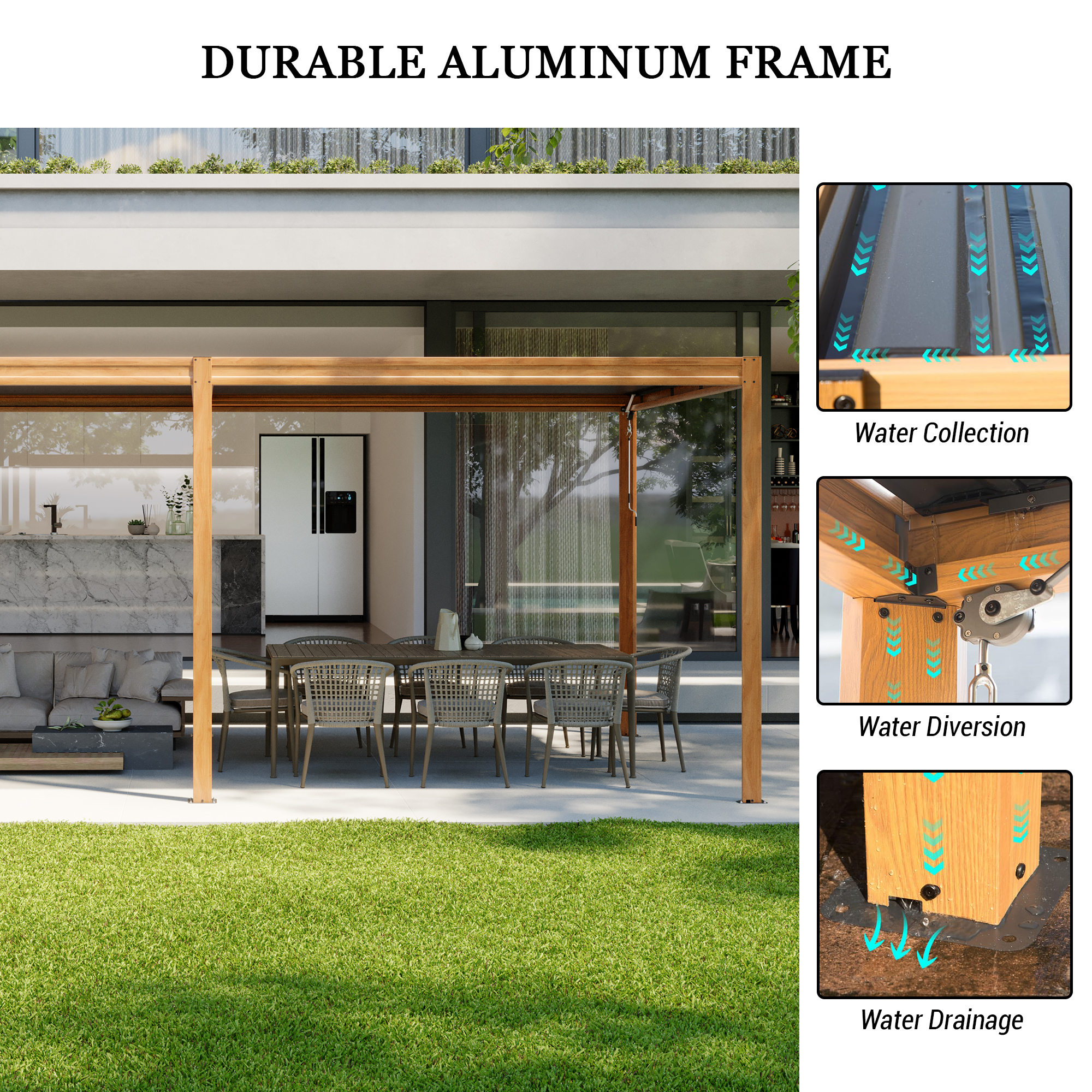 Louvered Pergola, Wood Grain Aluminum Pergola with Adjustable Roof, Wood Looking Aluminum Frame, Efficient Drainage System, Outdoor Pergola for Patio, Deck, Garden