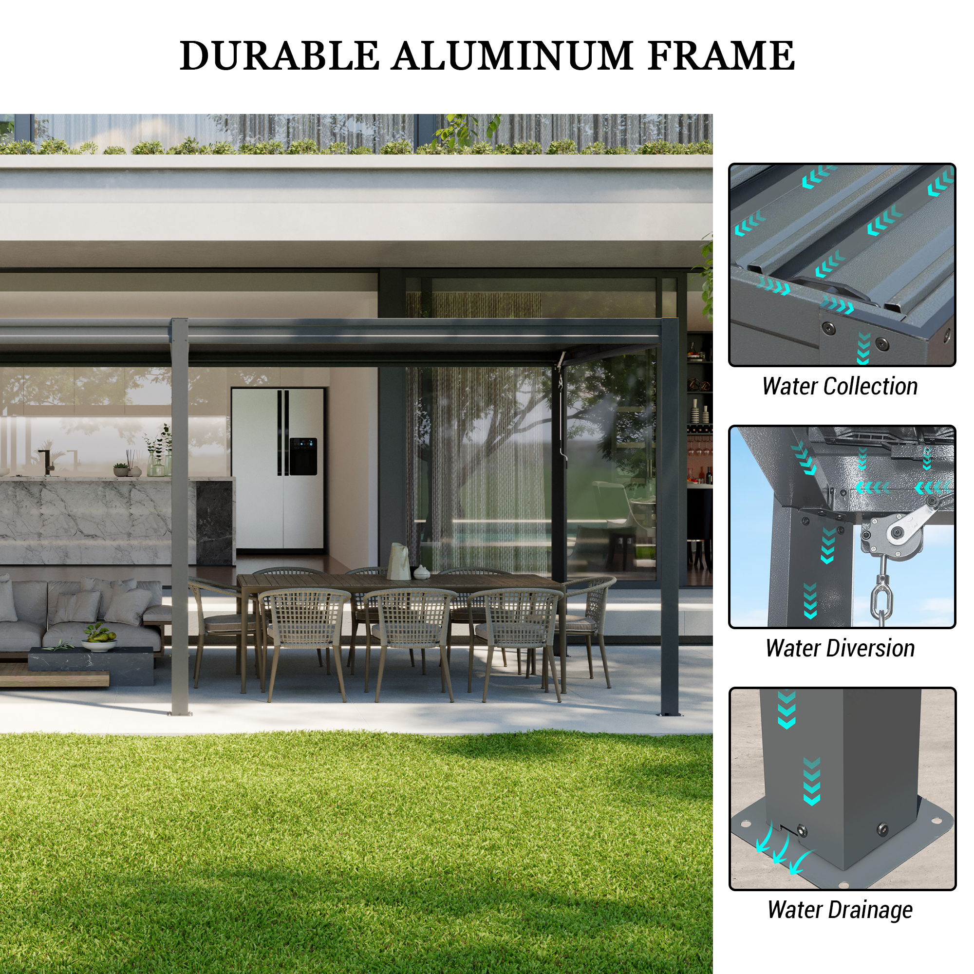Louvered Pergola, Wood Grain Aluminum Pergola with Adjustable Roof, Wood Looking Aluminum Frame, Efficient Drainage System, Outdoor Pergola for Patio, Deck, Garden