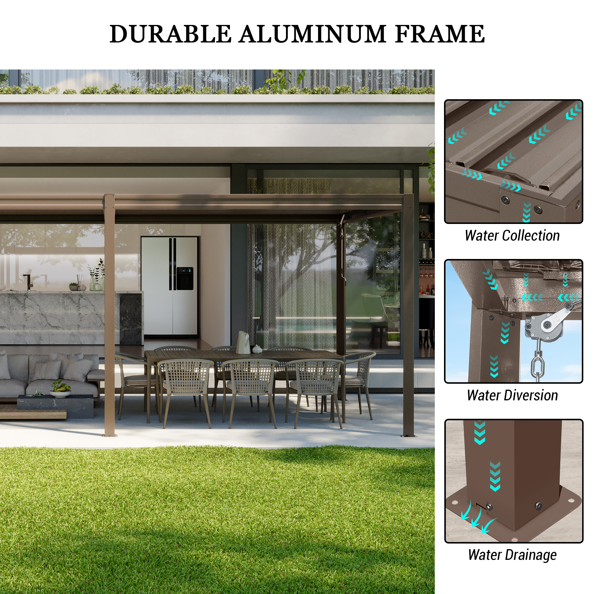 Louvered Pergola, Wood Grain Aluminum Pergola with Adjustable Roof, Wood Looking Aluminum Frame, Efficient Drainage System, Outdoor Pergola for Patio, Deck, Garden