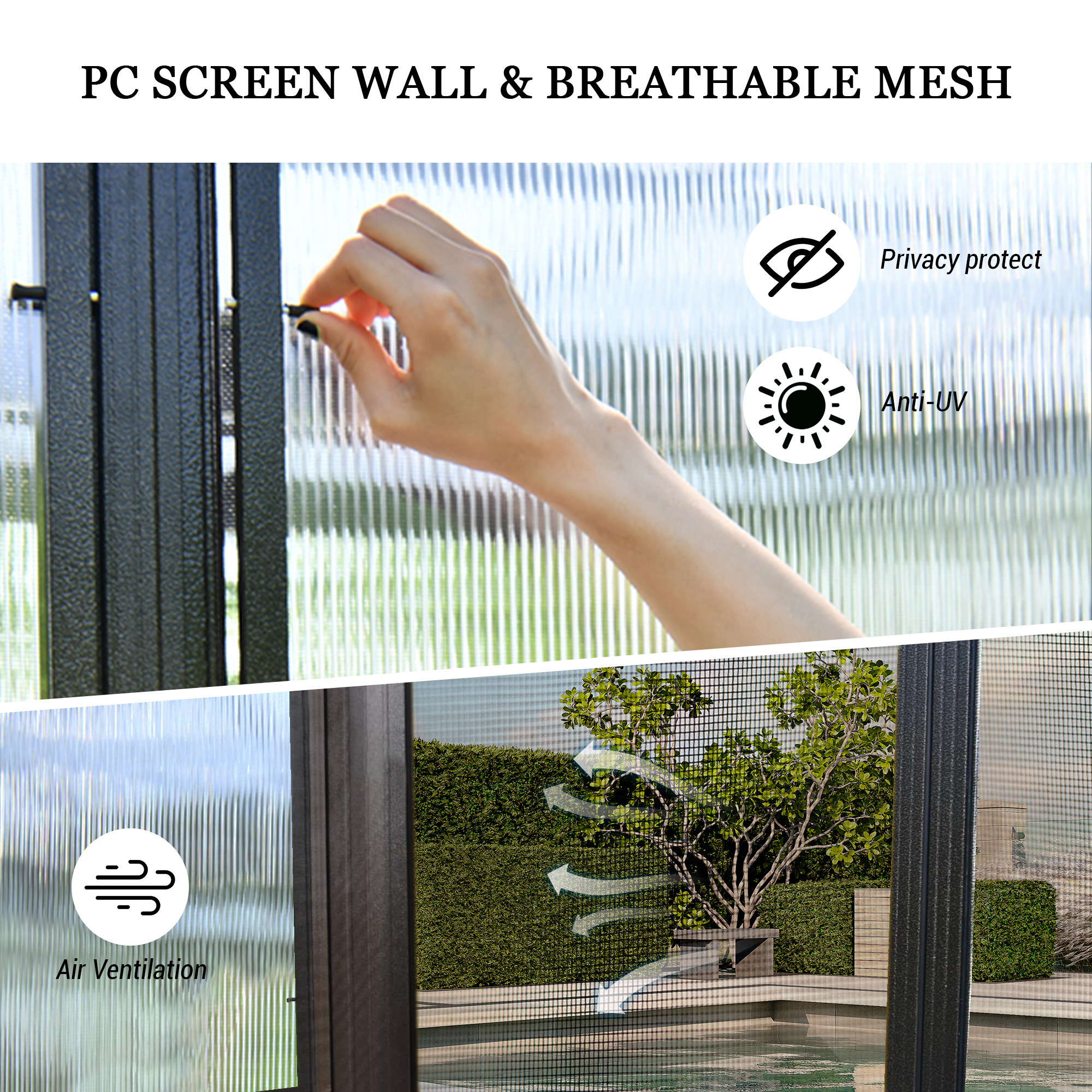 Wall Mounted Solarium with Sloping Polycarbonate Roof, Detachable Polycarbonate Screens, 2 Lockable Sliding Doors, Aluminum Gazebo Against Wall Sun Room for Patio Deck