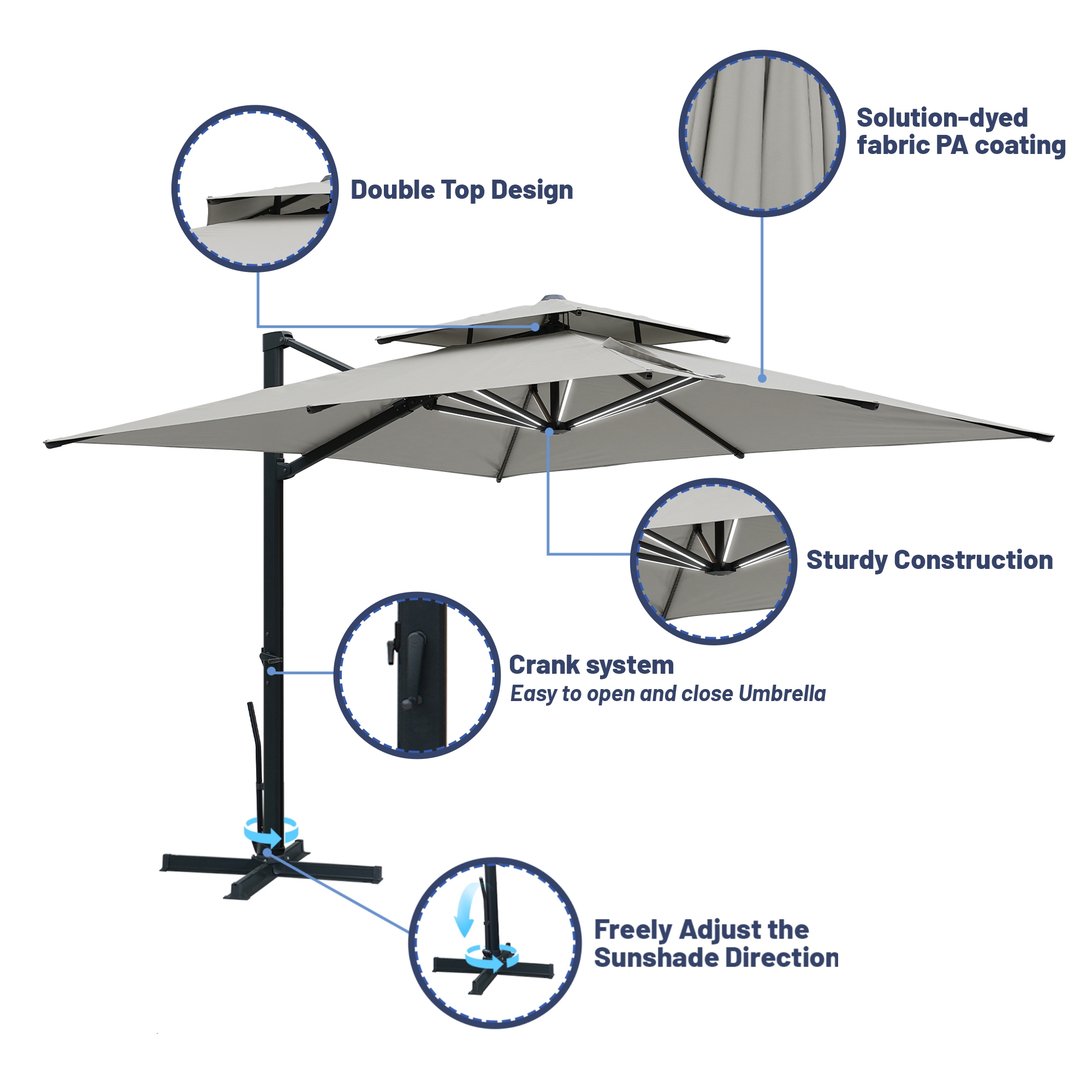 10-Ft Aluminum Patio Cantilever Umbrella with Base and Removable Lights
