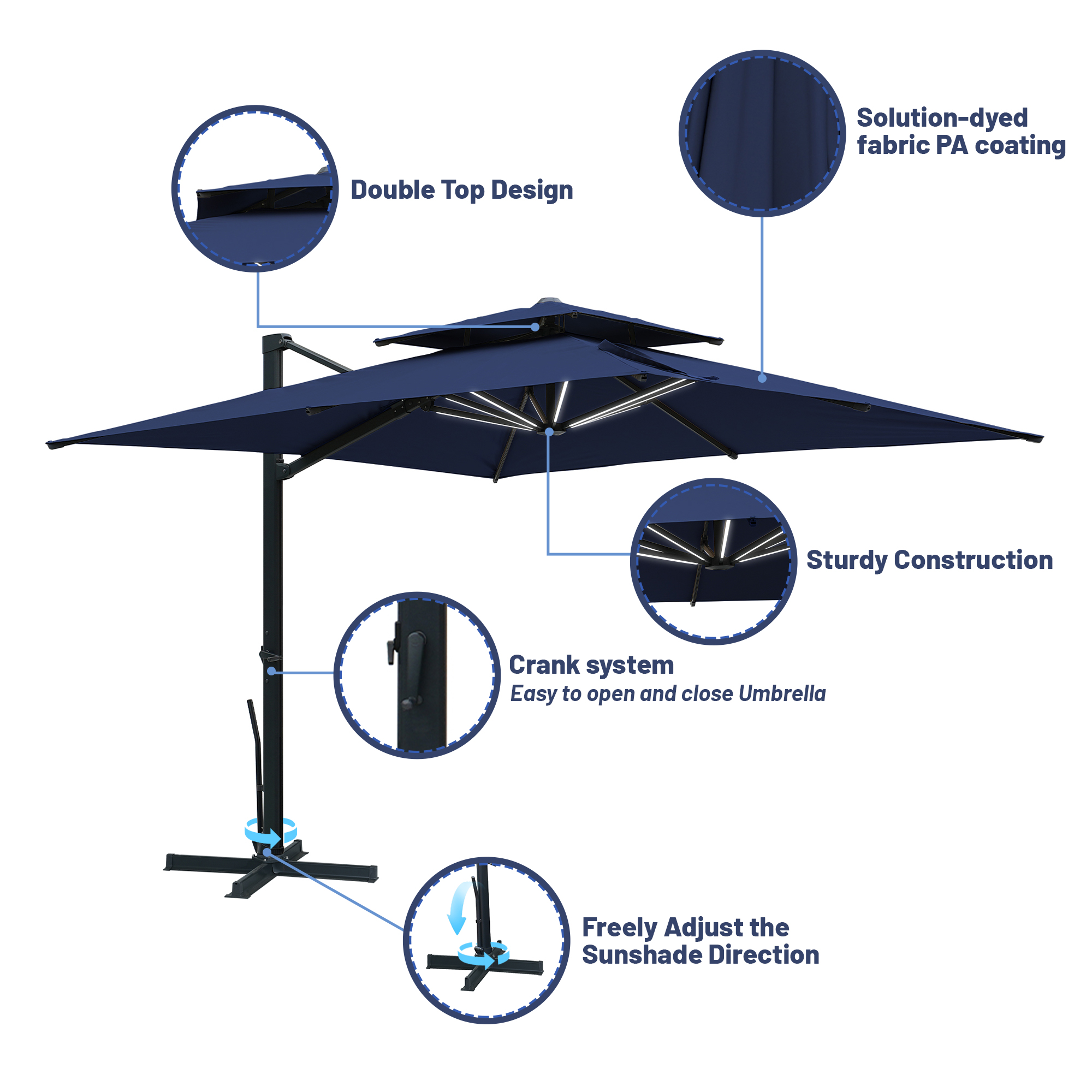 10-Ft Aluminum Patio Cantilever Umbrella with Base and Removable Lights