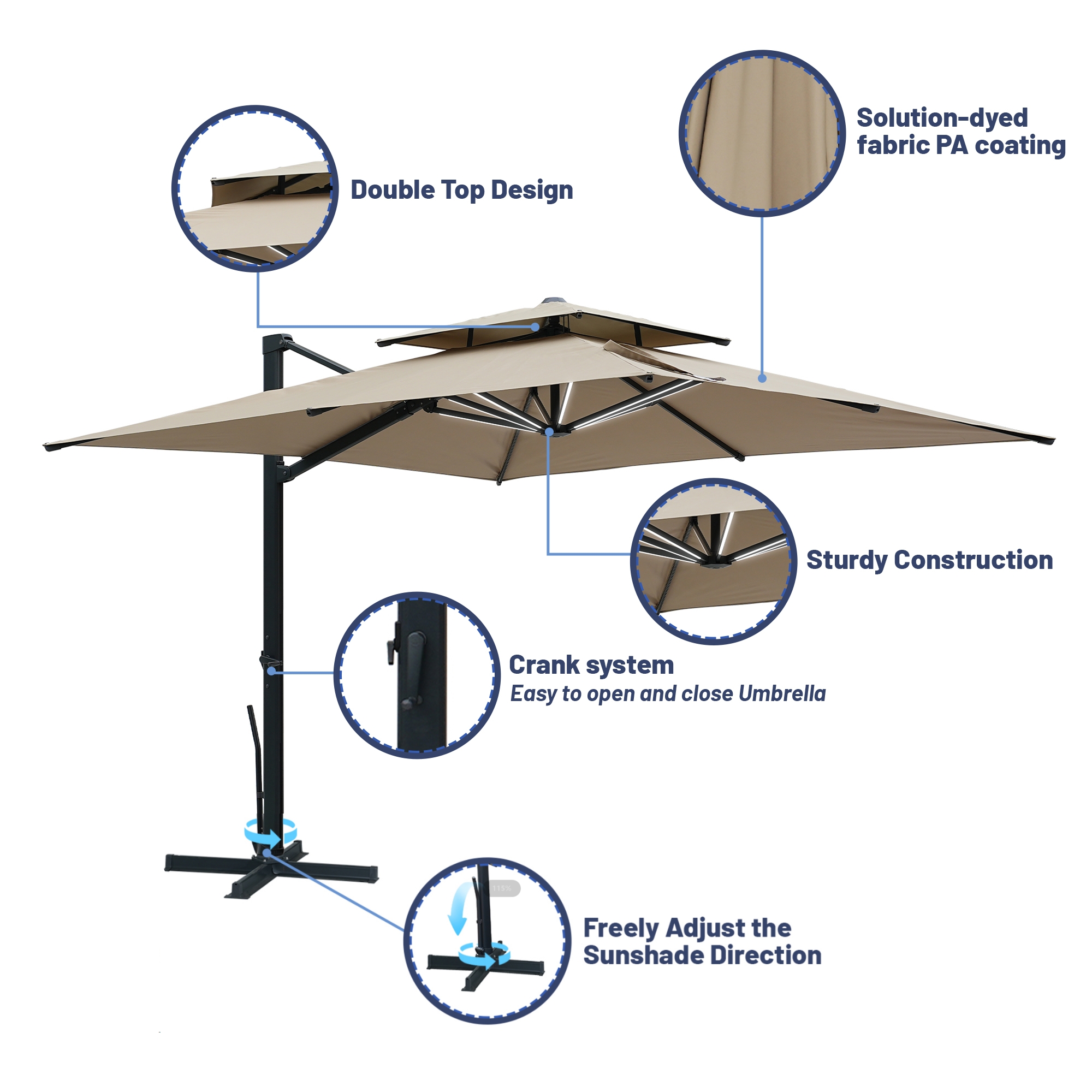 10-Ft Aluminum Patio Cantilever Umbrella with Base and Removable Lights