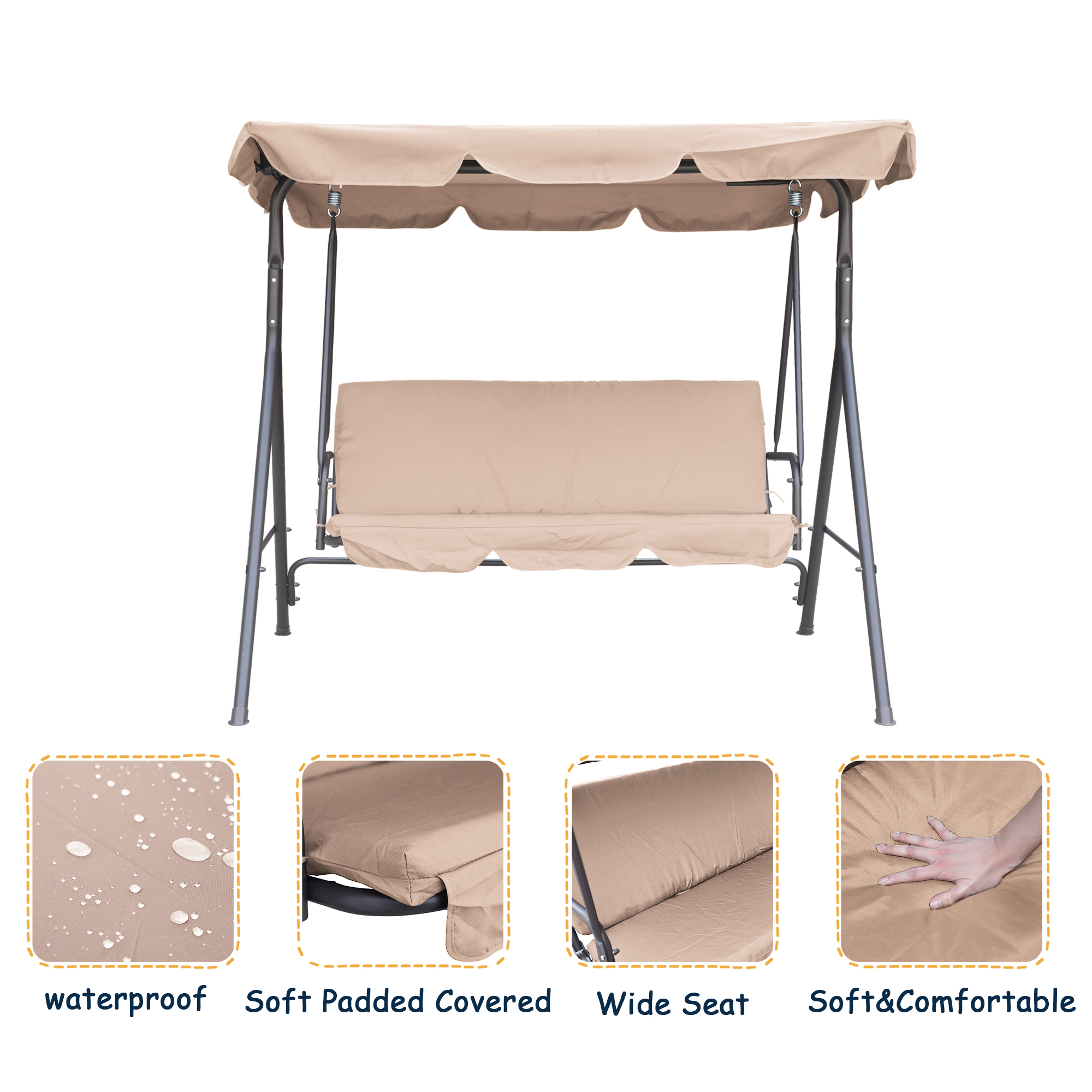 3-Person Steel Frame Outdoor Patio Porch Swing Chair with Adjustable Canopy