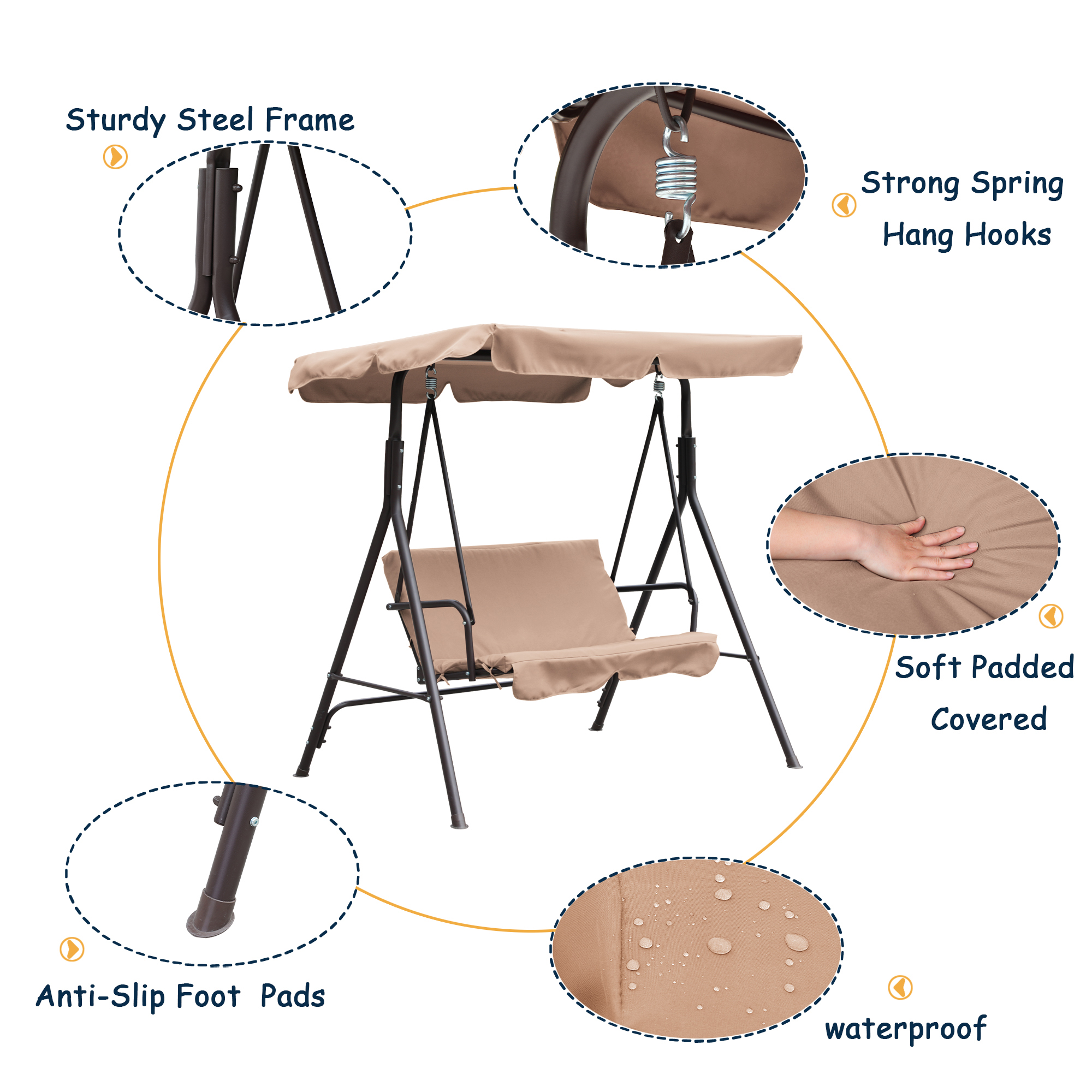 2-Person Patio Swing Chair Porch Swing with Cushion and Canopy