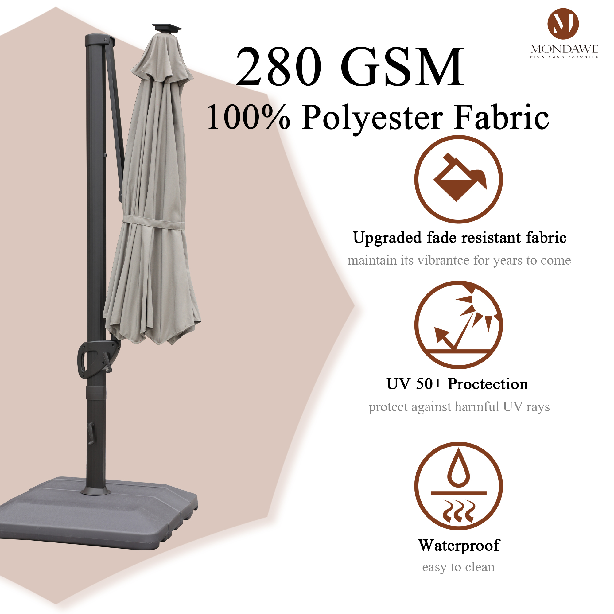 Mondawe 11 ft. Aluminum 360° Rotation Cantilever Patio Umbrella with Led Lights and Base for Balcony-Mondawe