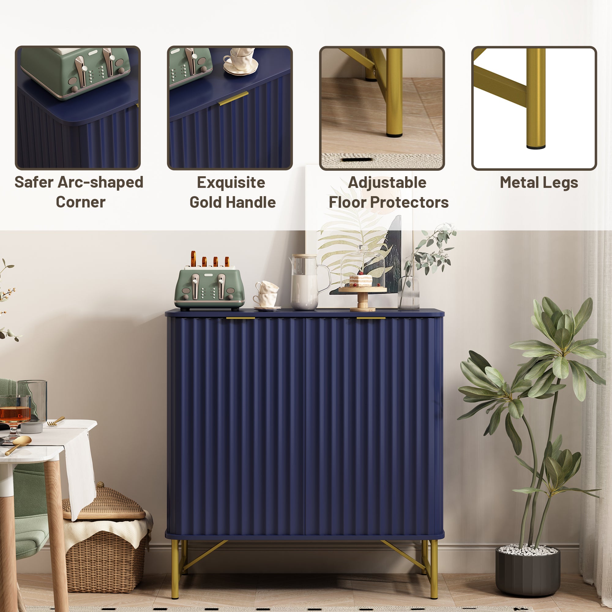 Sideboard Buffet Storage Cabinet with 2 Doors，32 Inch Monden Free-Standing Accent Cabinet with Gold Legs for Hallway, Living Room